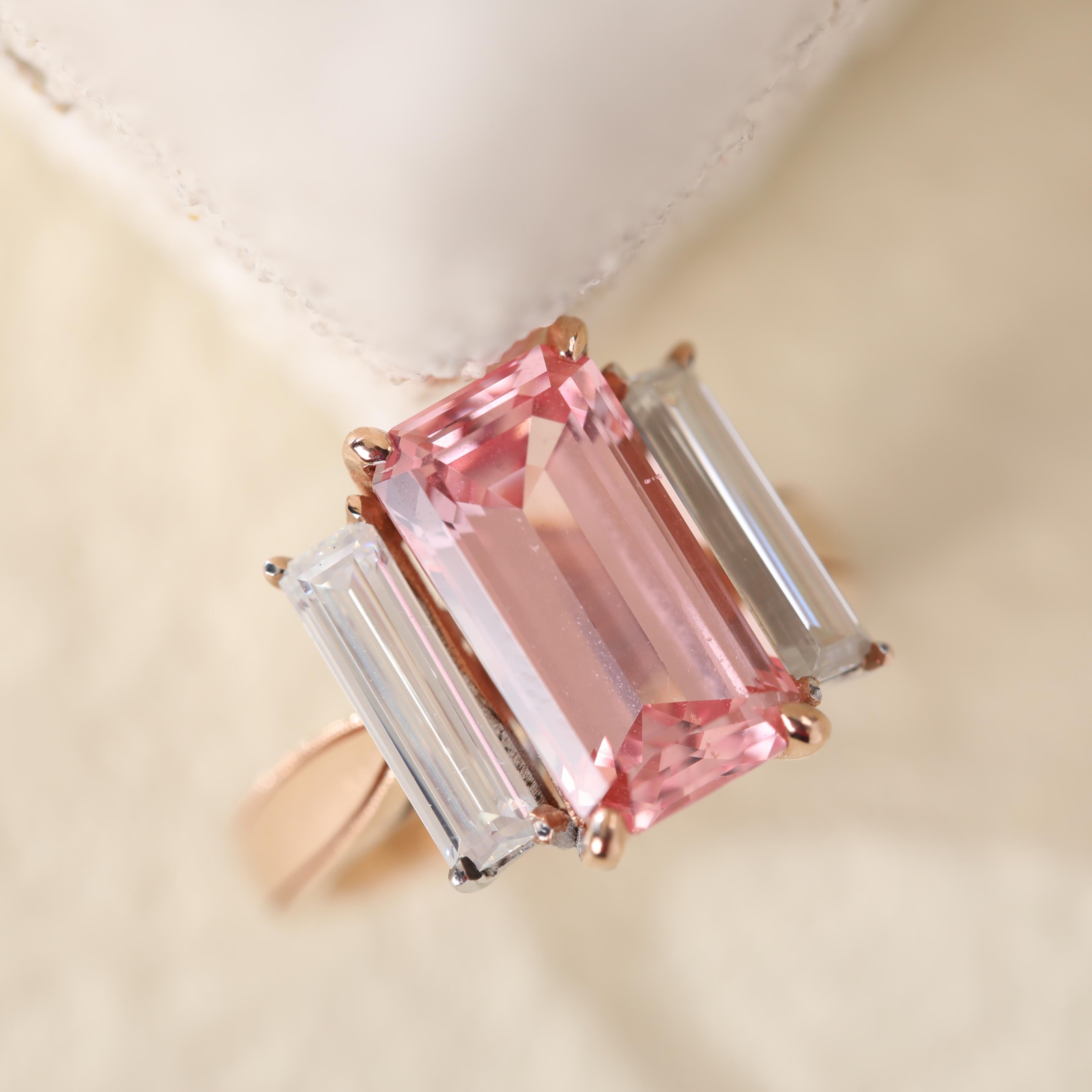 14K Yellow Gold Elongated Emerald-Cut Lab Pink Sapphire Three-Stone Cocktail Ring with Baguette Moissanite Side-stones - MMR