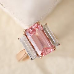 14K Yellow Gold Elongated Emerald-Cut Lab Pink Sapphire Three-Stone Cocktail Ring with Baguette Moissanite Side-stones - MMR