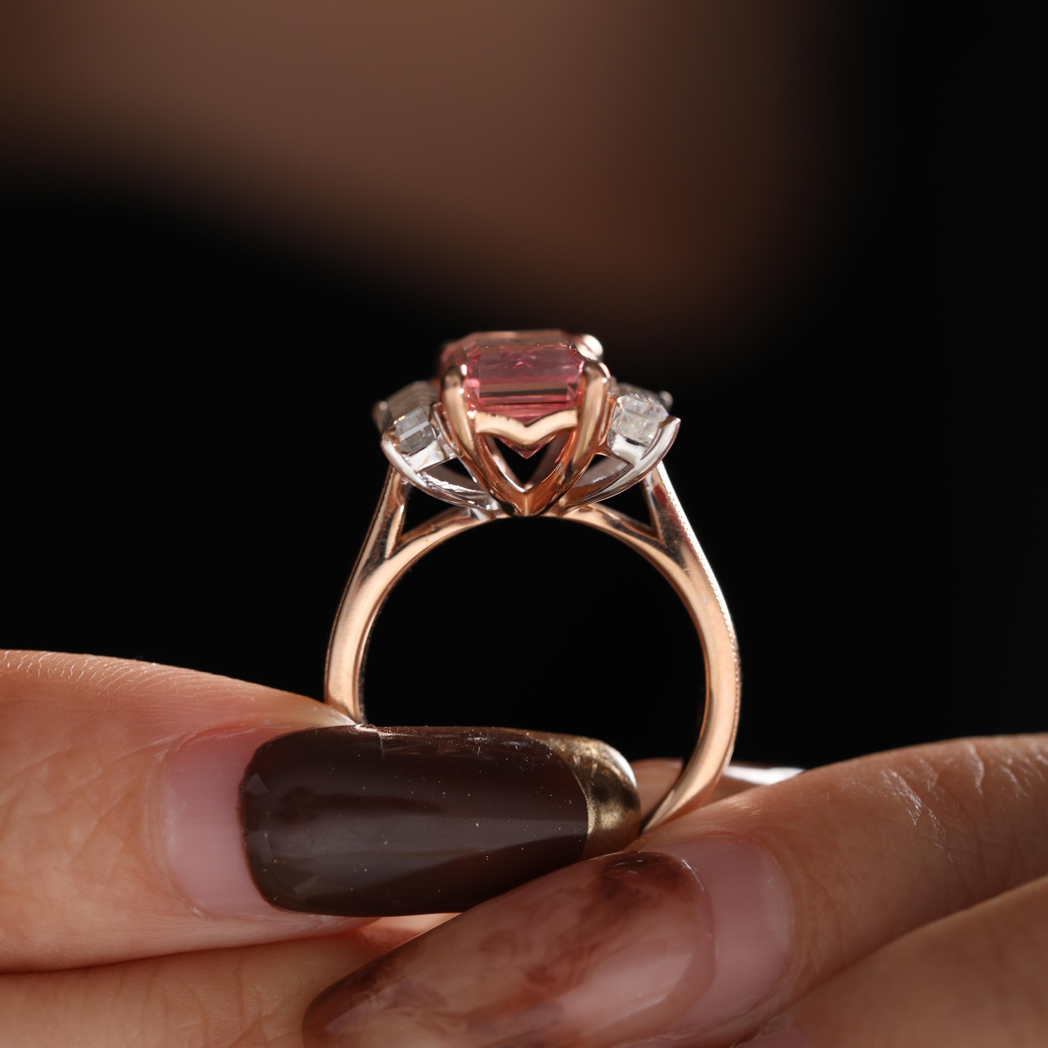 14K Yellow Gold Elongated Emerald-Cut Lab Pink Sapphire Three-Stone Cocktail Ring with Baguette Moissanite Side-stones - MMR