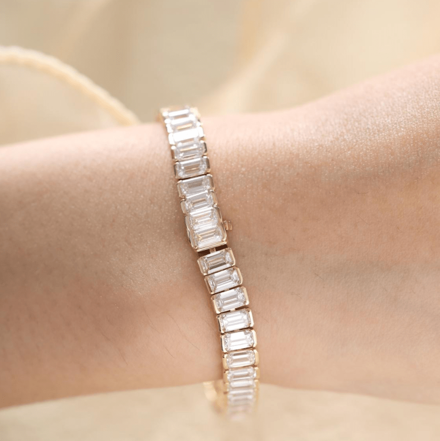 14K Yellow Gold Emerald Cut Lab Diamond Half Bezel Tennis Bracelet - MMR