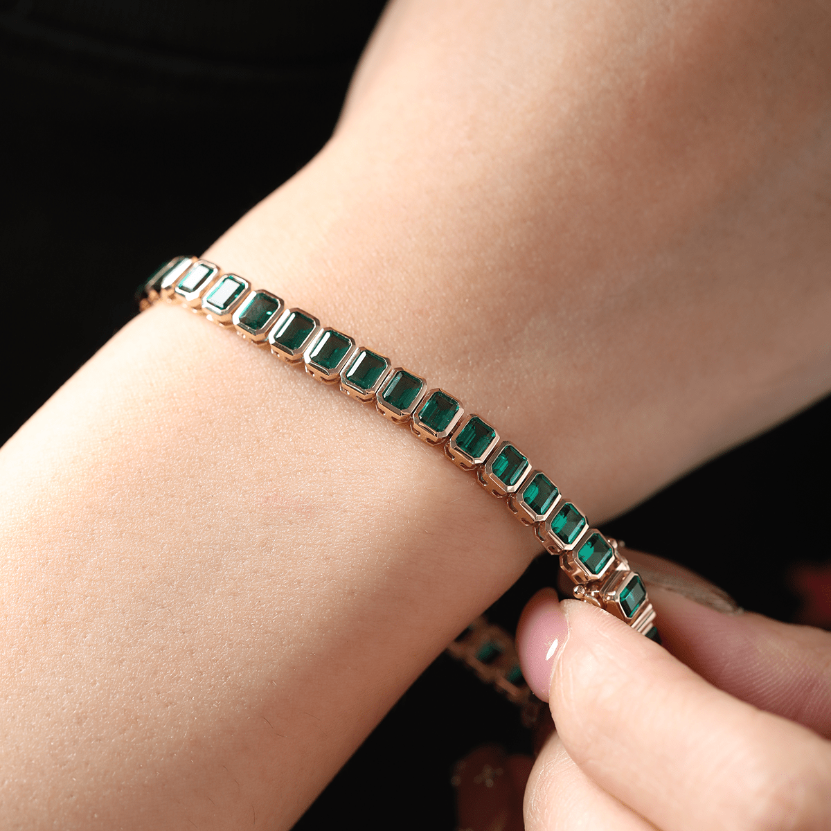 14K Yellow Gold Emerald Cut Lab Zambian Emerald Bezel Tennis Bracelet - MMR