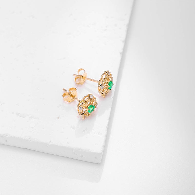 14k Yellow Gold Emerald & Diamond Flower Earrings