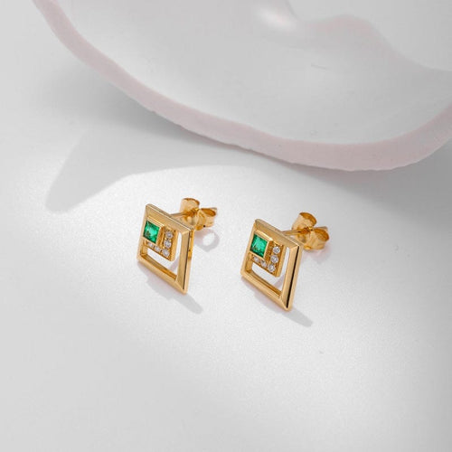 14K Yellow Gold Emerald Graphic Stud Earrings
