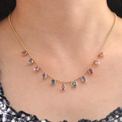 14K Yellow Gold Fancy Shape Gemstone Necklace with 18 Inches Chain - MMR