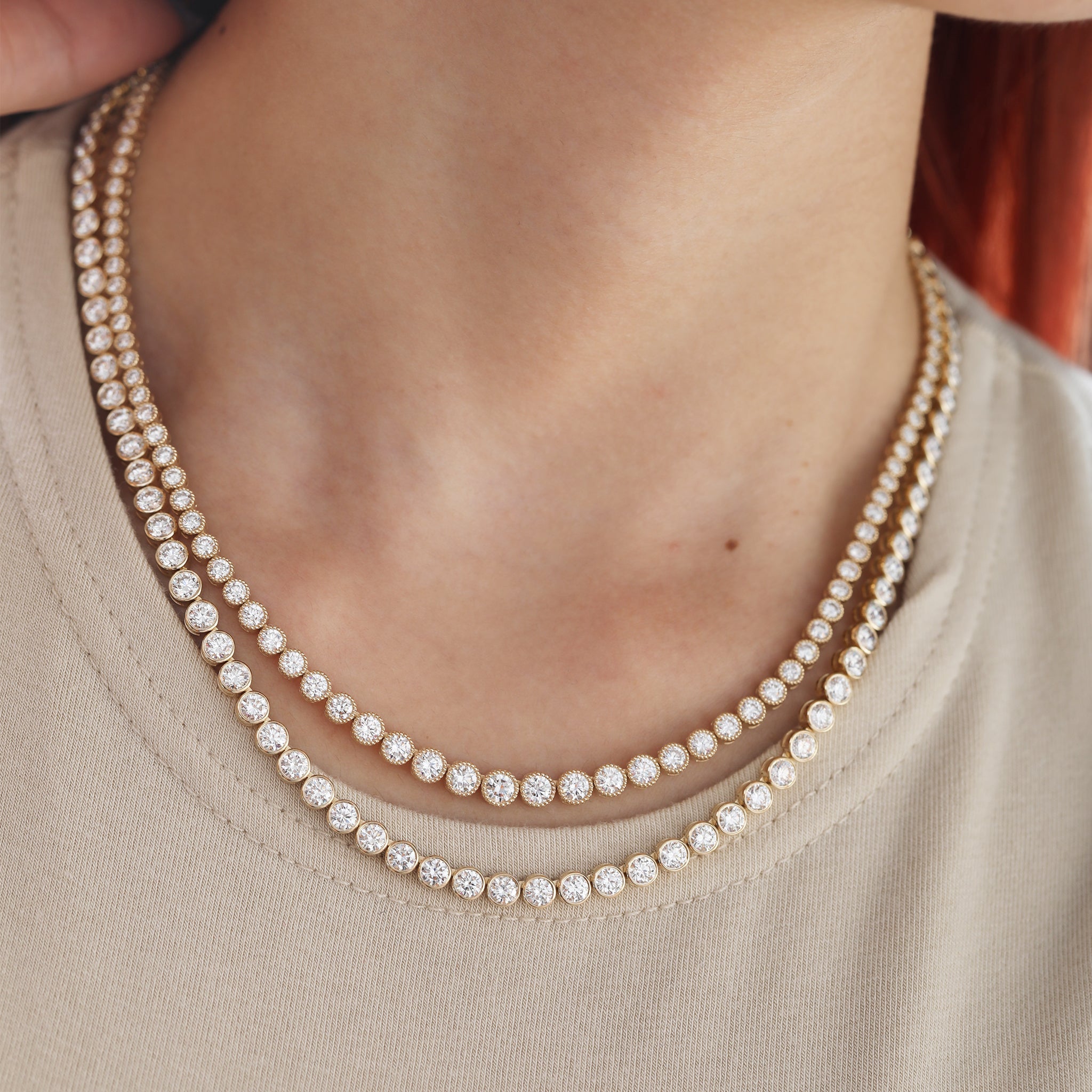 14K Yellow Gold Graduated Bezel - Set Round Diamond Tennis Necklace (18") - MMR