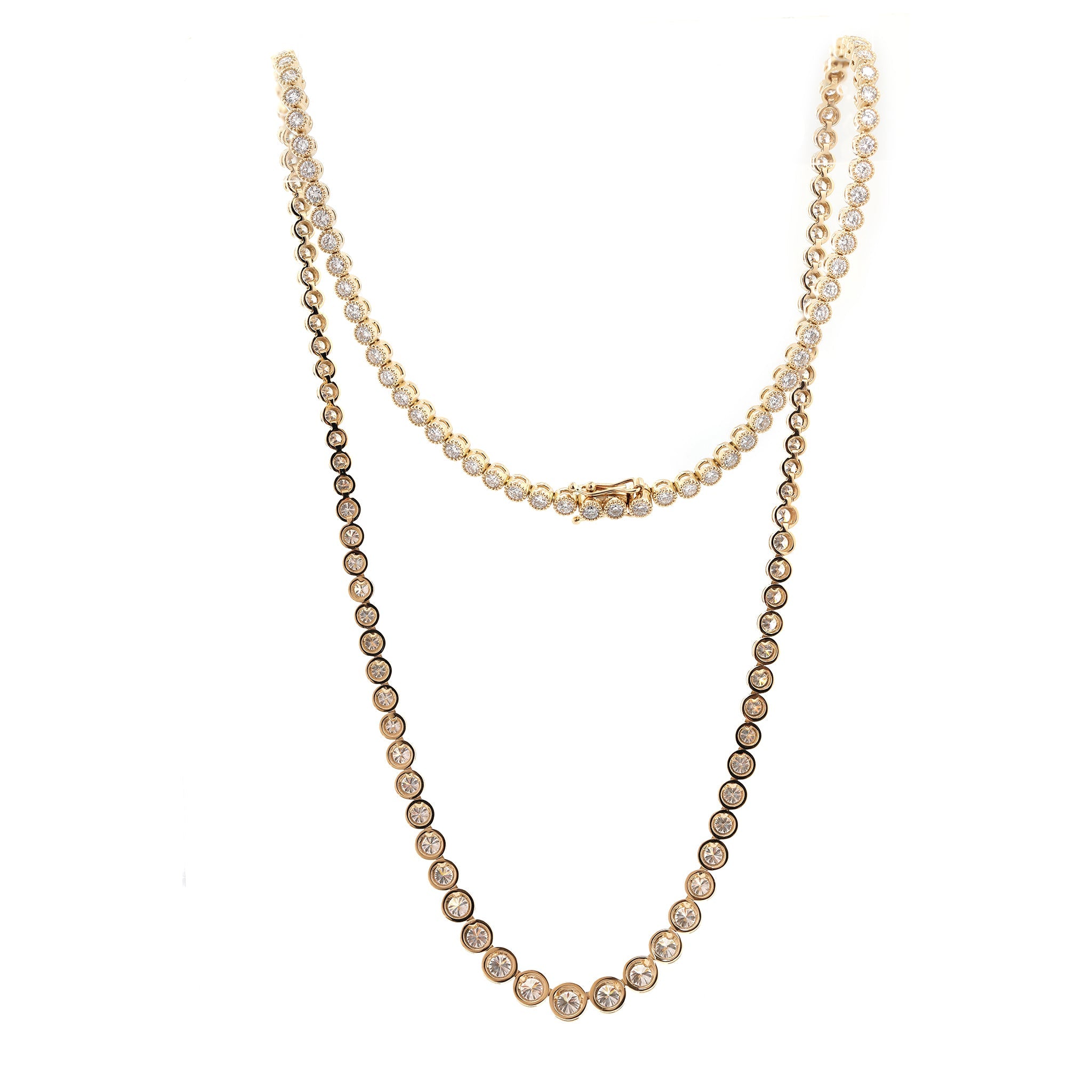 14K Yellow Gold Graduated Bezel - Set Round Diamond Tennis Necklace (18") - MMR