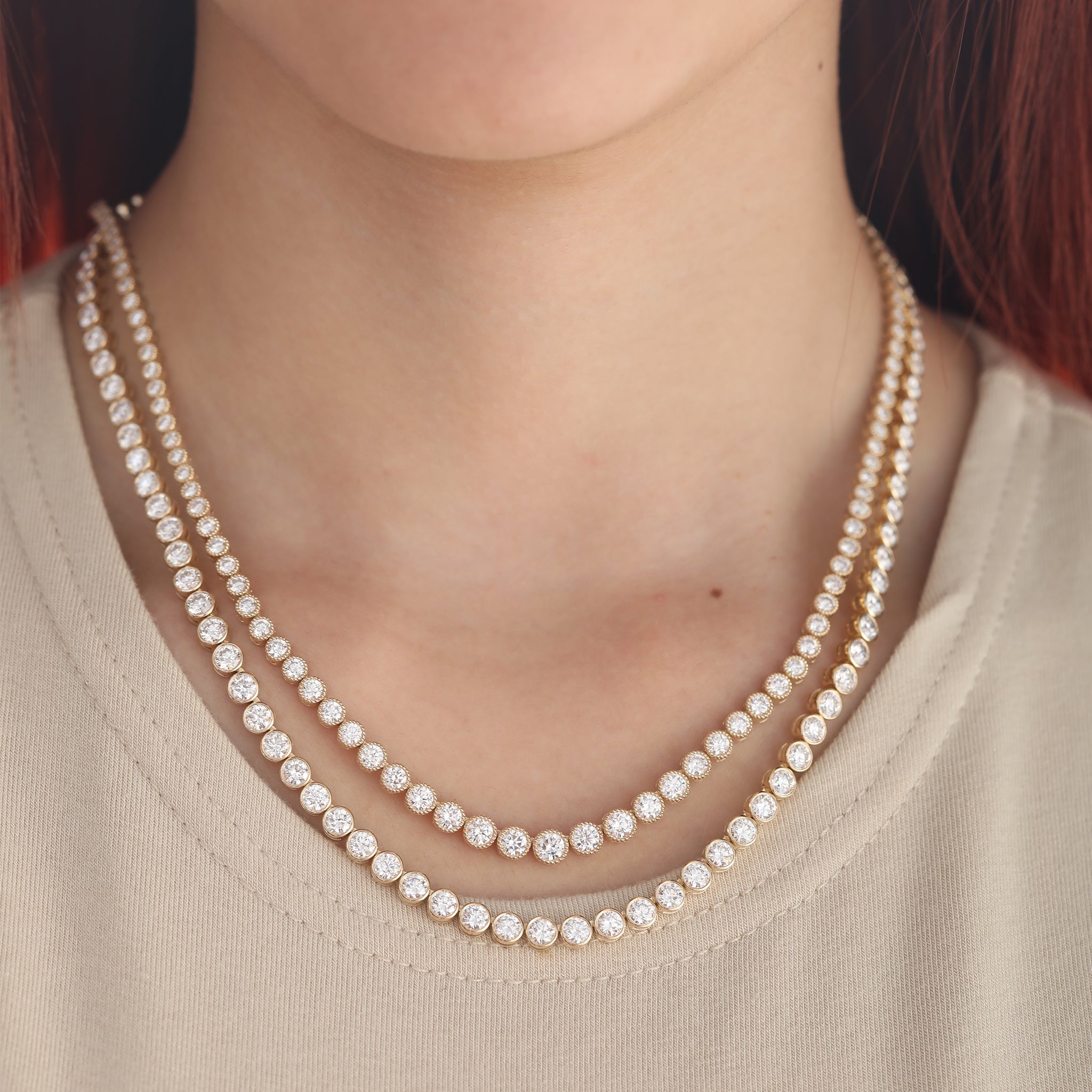 14K Yellow Gold Graduated Bezel - Set Round Diamond Tennis Necklace (18") - MMR