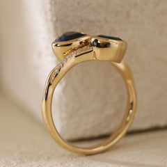 14K Yellow Gold Heart Lab Sapphire and Round Zambian Lab Emerald Bezel Toi et Moi Ring - MMR