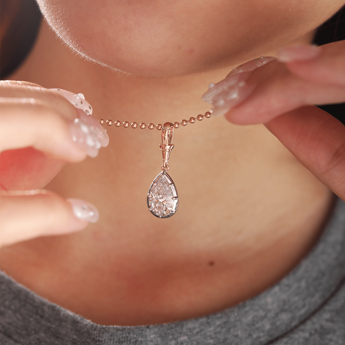 14K Yellow Gold Necklace with 3ct Pear Shaped Lab Diamond Pendant in White Gold Bezel Setting and Beaded Chain - MMR