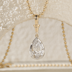 14K Yellow Gold Necklace with 3ct Pear Shaped Lab Diamond Pendant in White Gold Bezel Setting and Beaded Chain - MMR