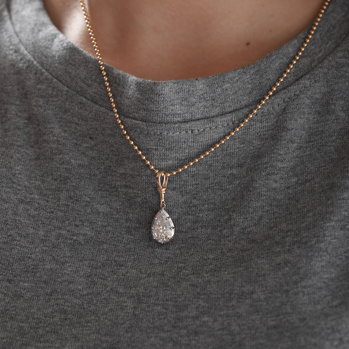 14K Yellow Gold Necklace with 3ct Pear Shaped Lab Diamond Pendant in White Gold Bezel Setting and Beaded Chain - MMR