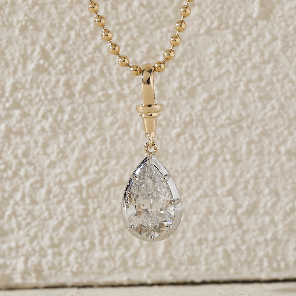 14K Yellow Gold Necklace with 3ct Pear Shaped Lab Diamond Pendant in White Gold Bezel Setting and Beaded Chain - MMR