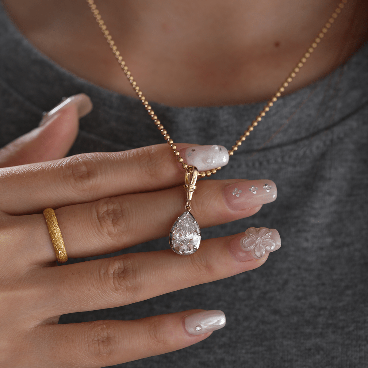 14K Yellow Gold Necklace with 3ct Pear Shaped Lab Diamond Pendant in White Gold Bezel Setting and Beaded Chain - MMR