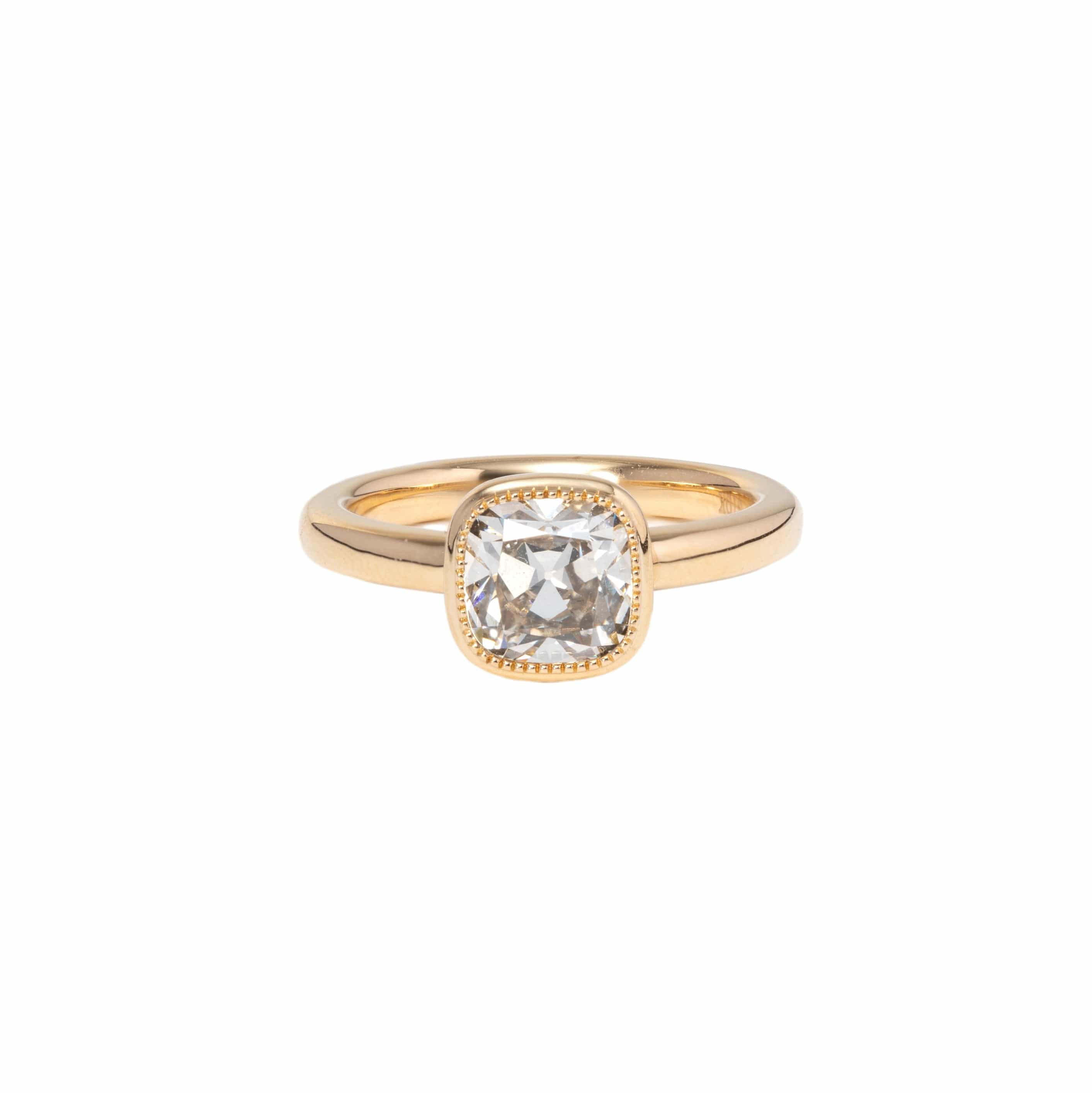 18K Yellow Gold Old Mine Cut Antique Lab Diamond Bezel Solitaire Ring
