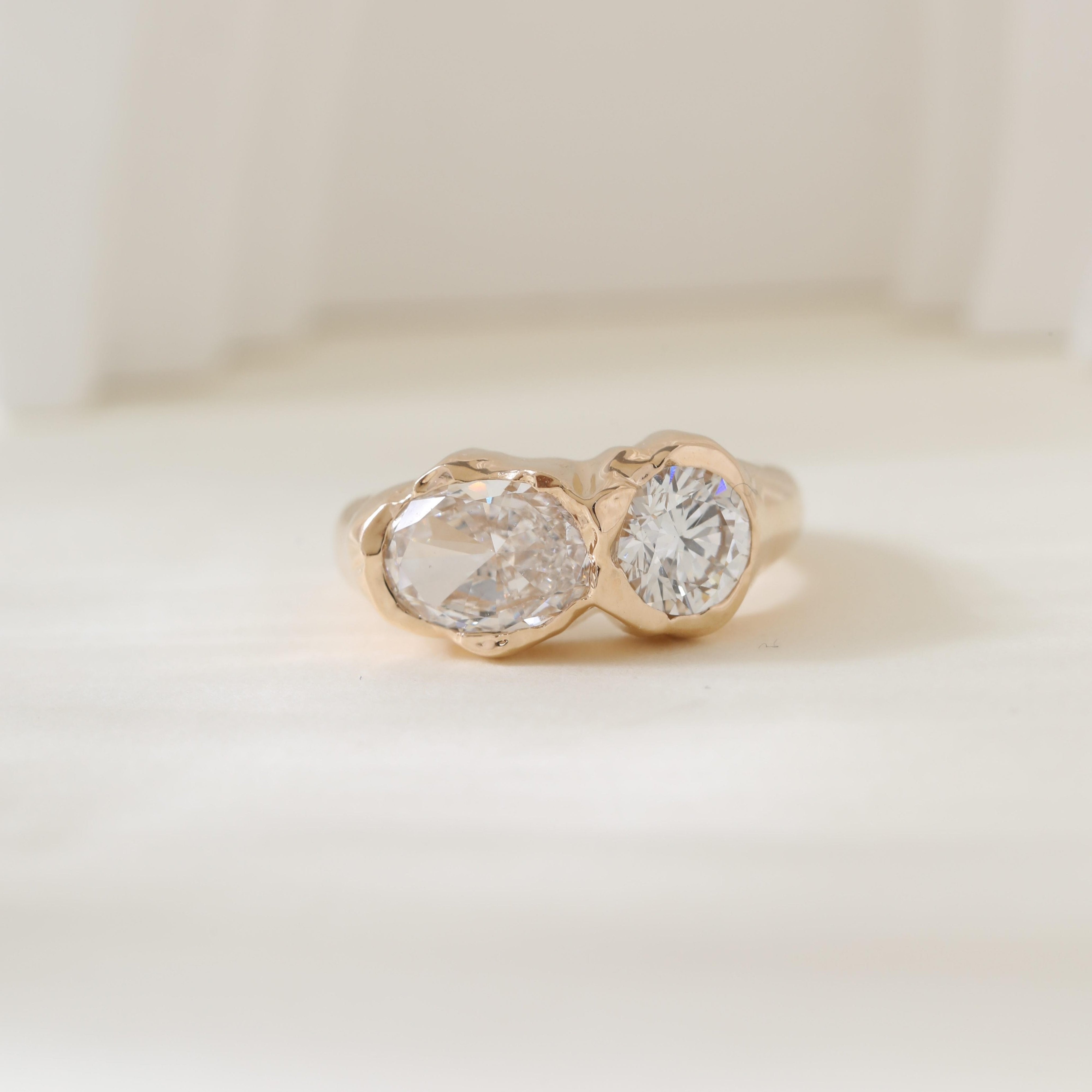 14K Yellow Gold Oval and Round Cut Lab Diamond Toi et Moi Ring - MMR