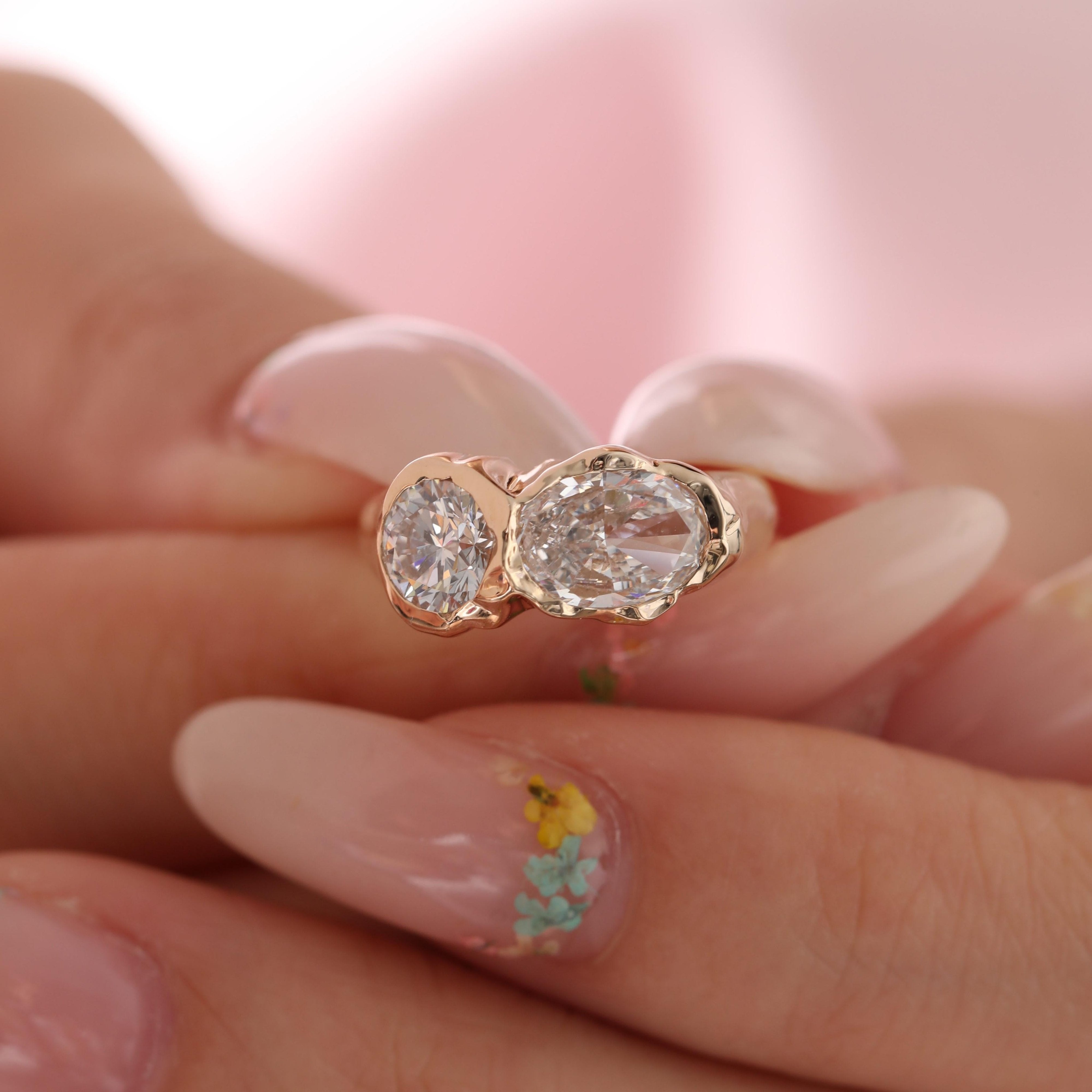 14K Yellow Gold Oval and Round Cut Lab Diamond Toi et Moi Ring - MMR