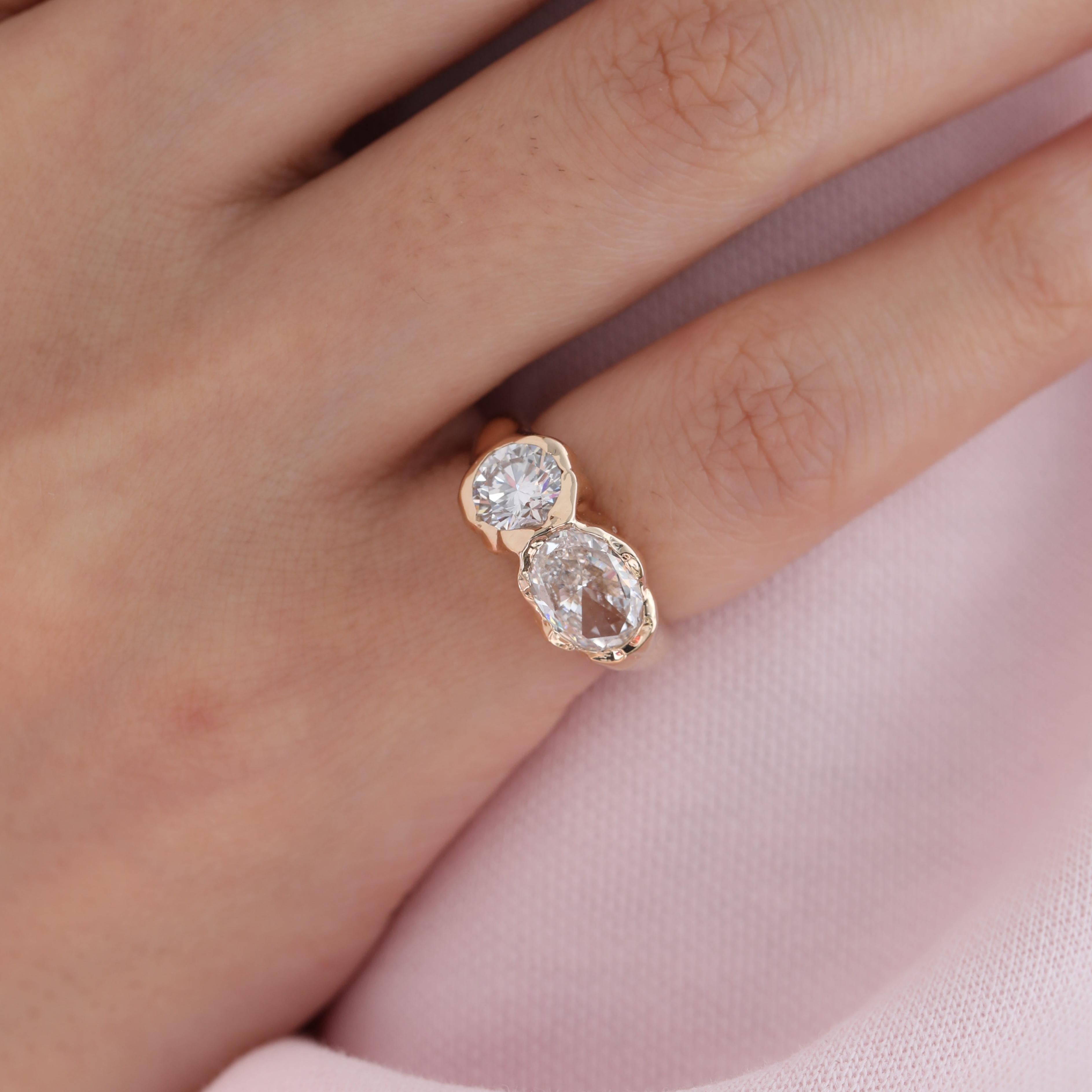 14K Yellow Gold Oval and Round Cut Lab Diamond Toi et Moi Ring - MMR