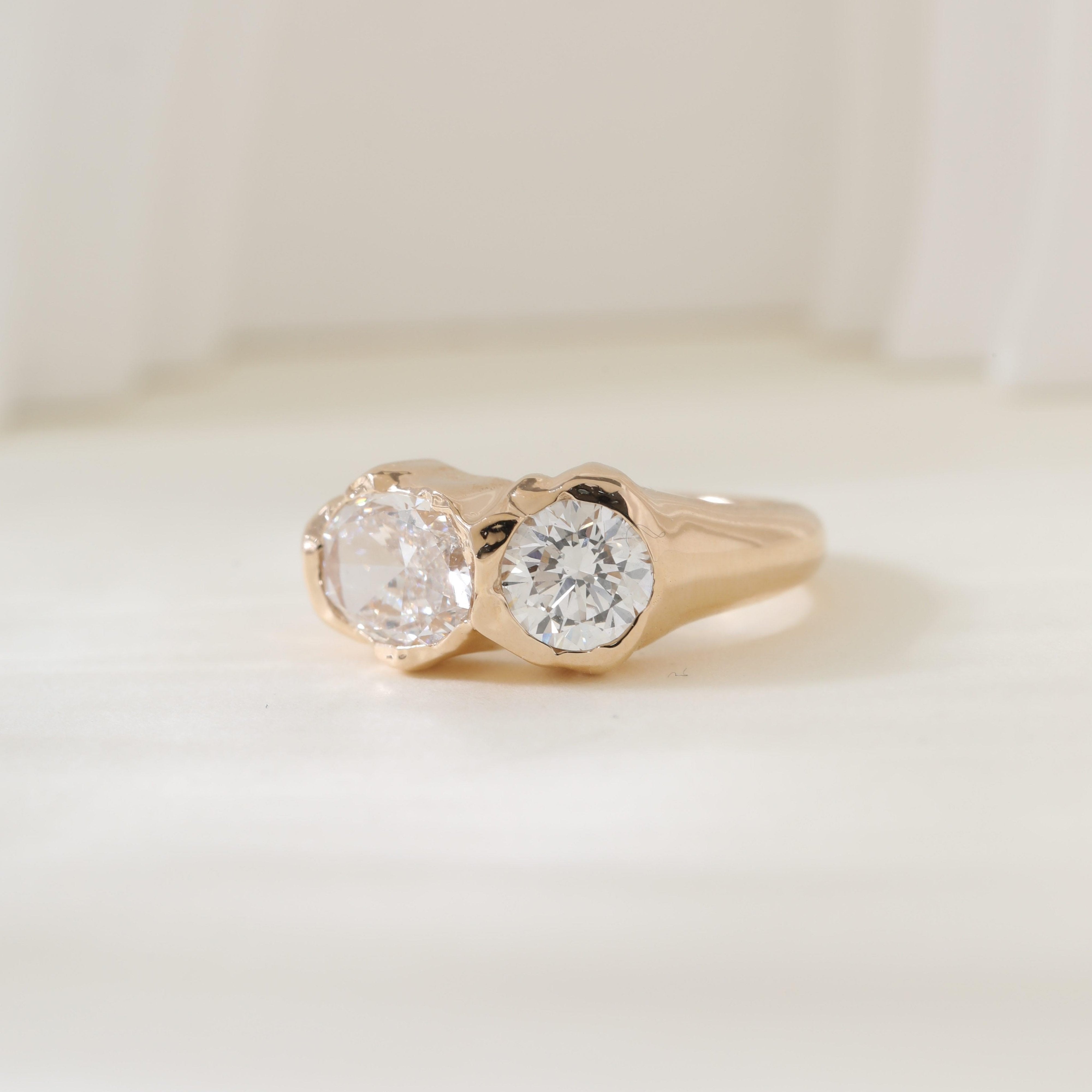 14K Yellow Gold Oval and Round Cut Lab Diamond Toi et Moi Ring - MMR
