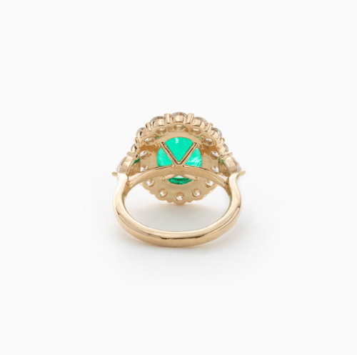 14K Yellow Gold Oval Cut Colombian Emerald Halo OEC Diamond With Pear Cut Side-stone Ring (Excluding Side-stones, Ring Setting Only)