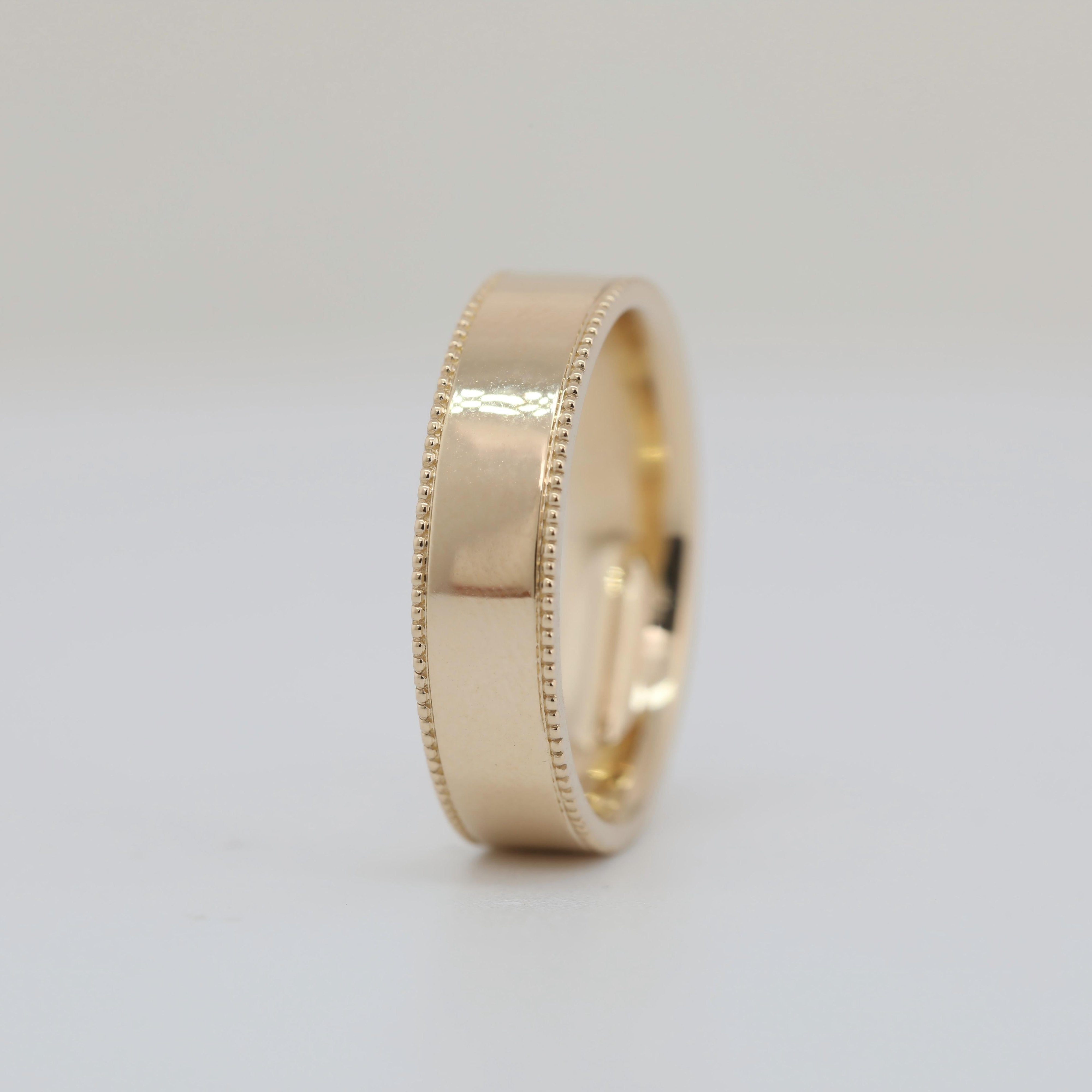 14K Yellow Gold Plain Ring with Millegrain and 5mm Band Width Design - MMR