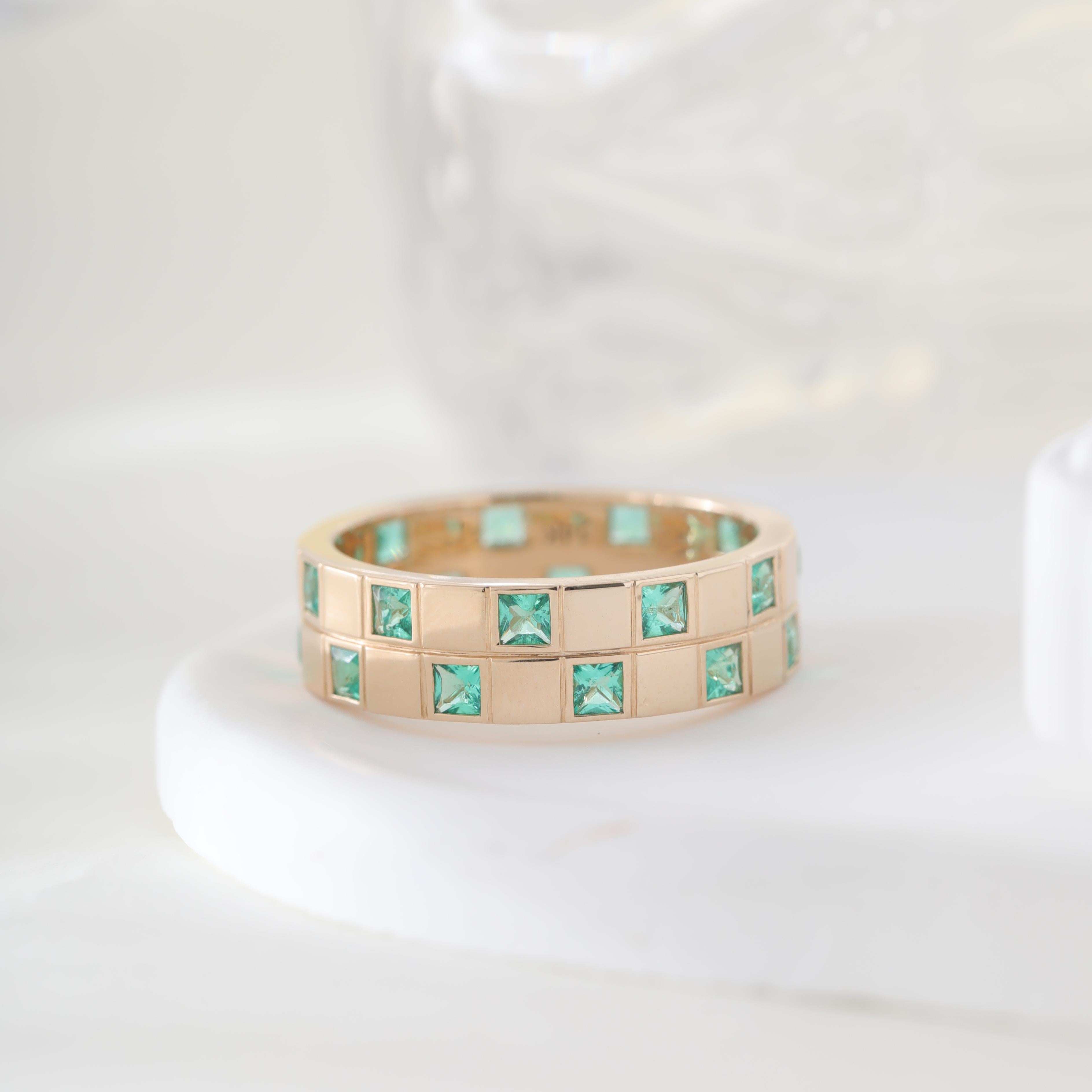 14K Yellow Gold Princess Cut Colombian Emerald Eternity Ring - MMR