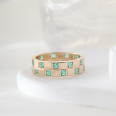 14K Yellow Gold Princess Cut Colombian Emerald Eternity Ring - MMR
