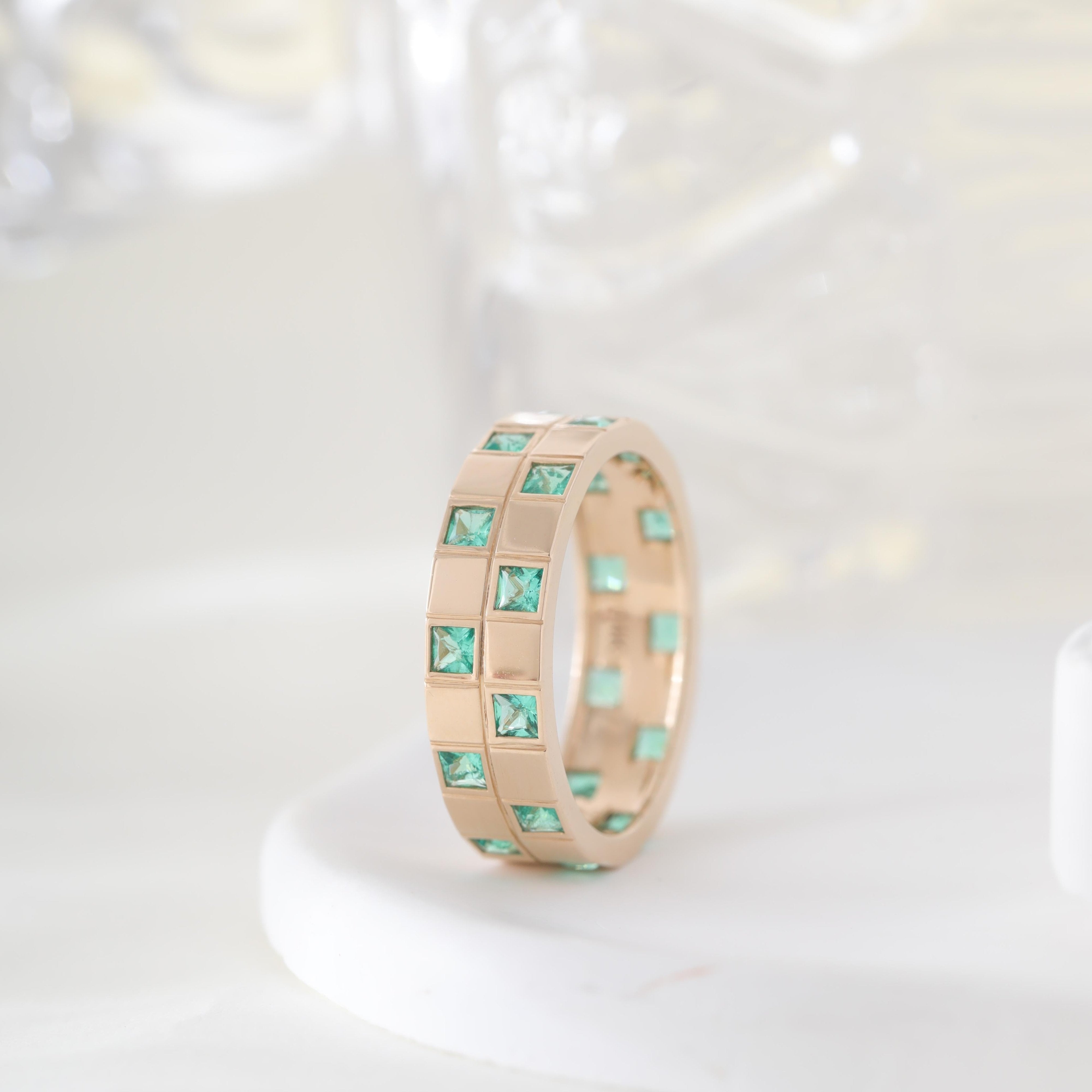 14K Yellow Gold Princess Cut Colombian Emerald Eternity Ring - MMR