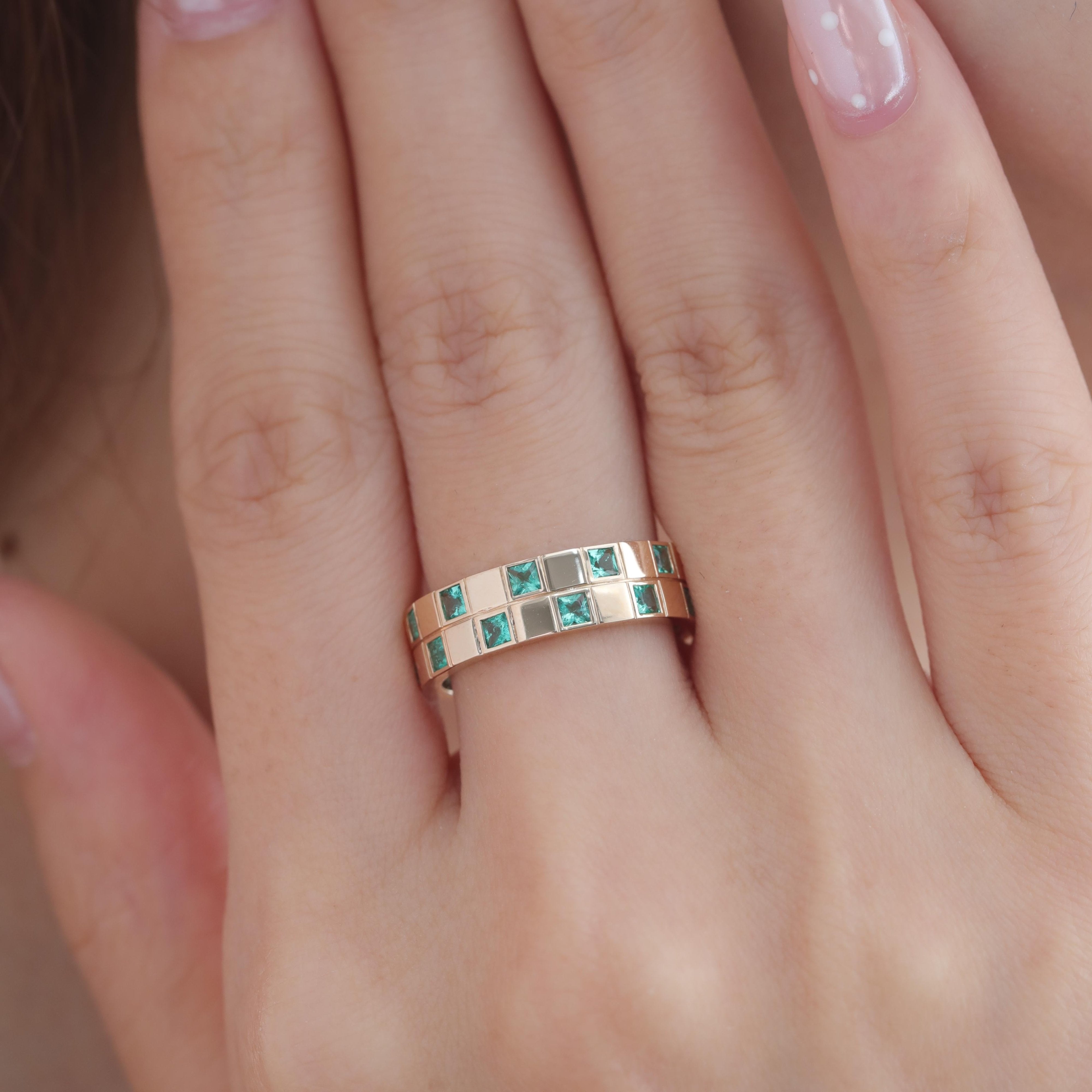 14K Yellow Gold Princess Cut Colombian Emerald Eternity Ring - MMR