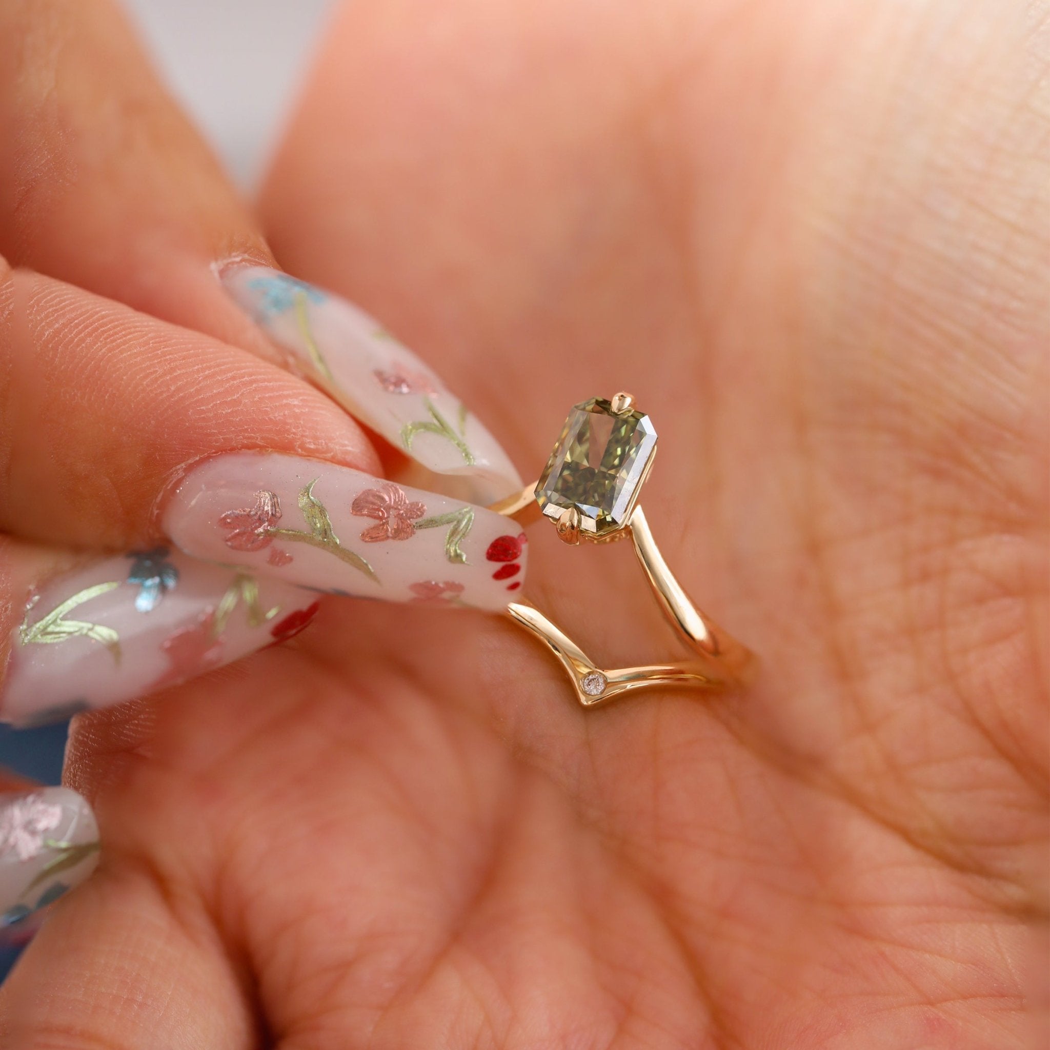 14K Yellow Gold Radiant Cut Green Lab Diamond Sylvan Crown Ring with a Hidden Round Diamond - MMR