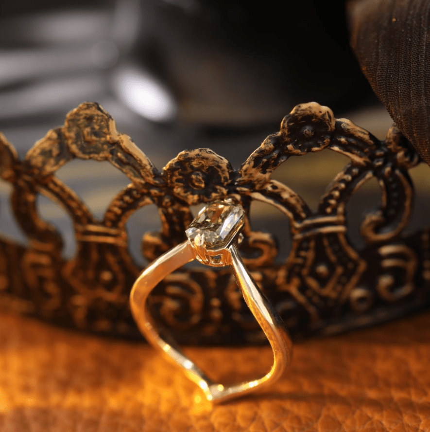 14K Yellow Gold Radiant Cut Green Lab Diamond Sylvan Crown Ring with a Hidden Round Diamond - MMR