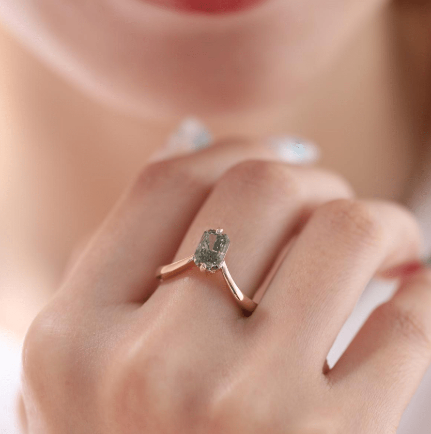 14K Yellow Gold Radiant Cut Green Lab Diamond Sylvan Crown Ring with a Hidden Round Diamond - MMR