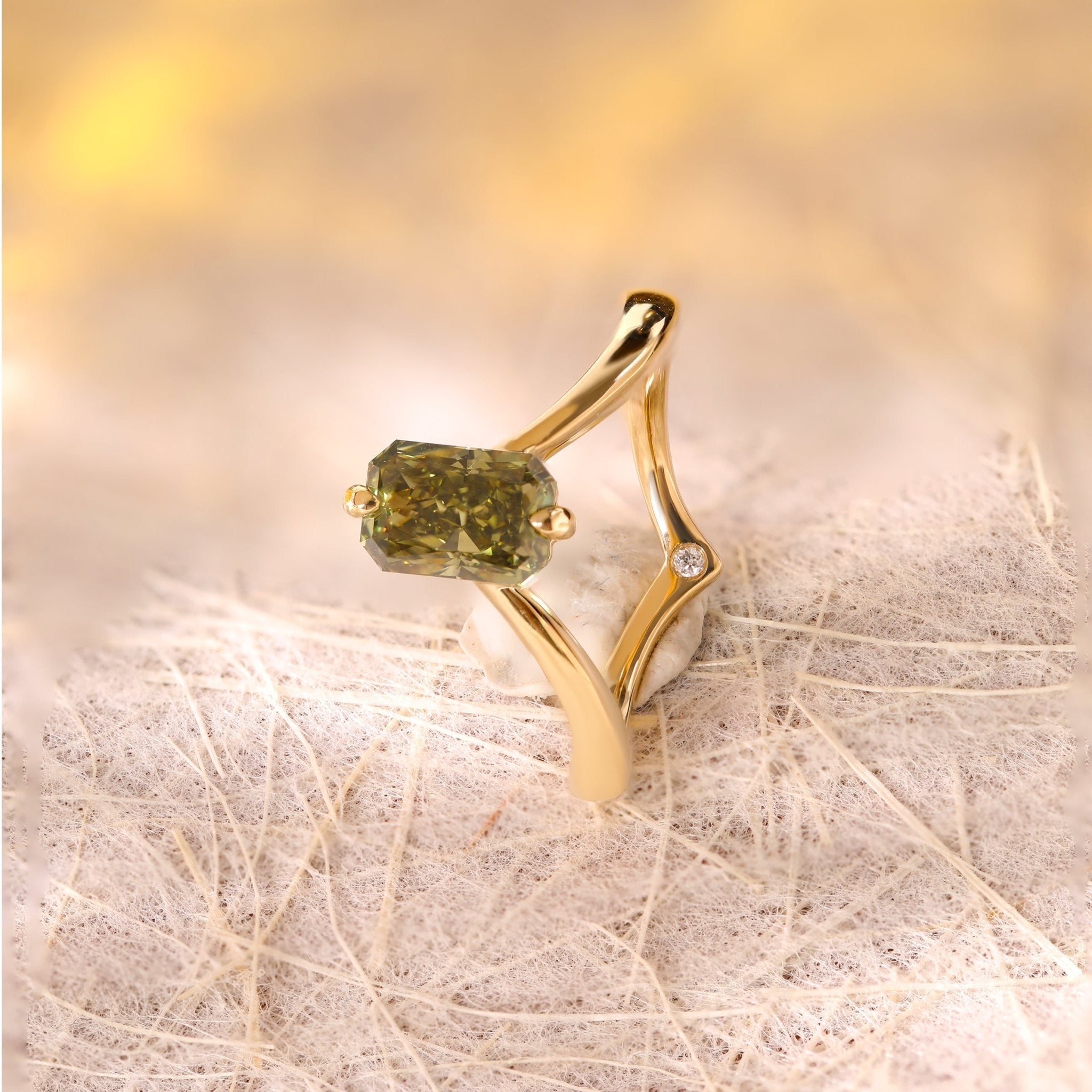14K Yellow Gold Radiant Cut Green Lab Diamond Sylvan Crown Ring with a Hidden Round Diamond - MMR