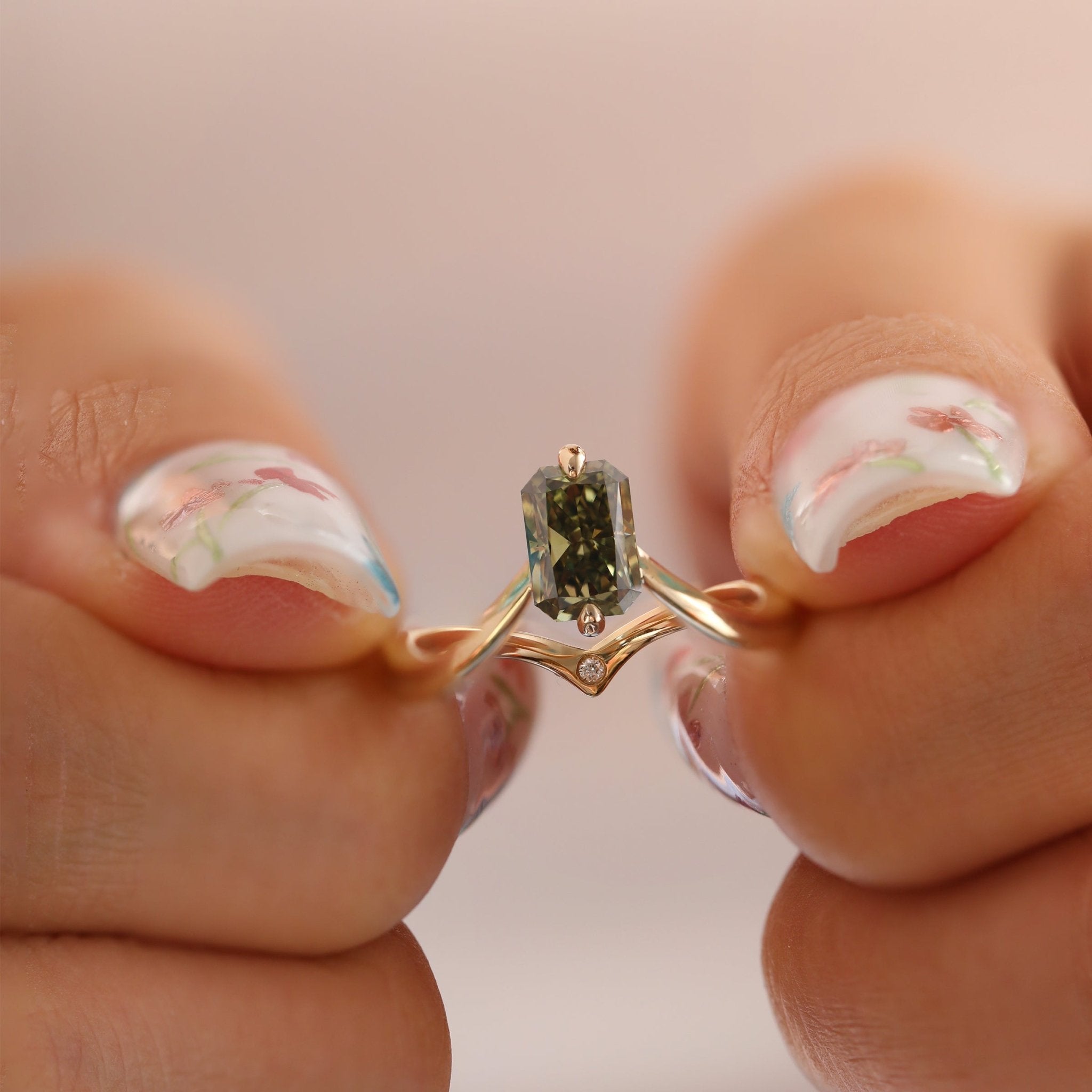 14K Yellow Gold Radiant Cut Green Lab Diamond Sylvan Crown Ring with a Hidden Round Diamond - MMR