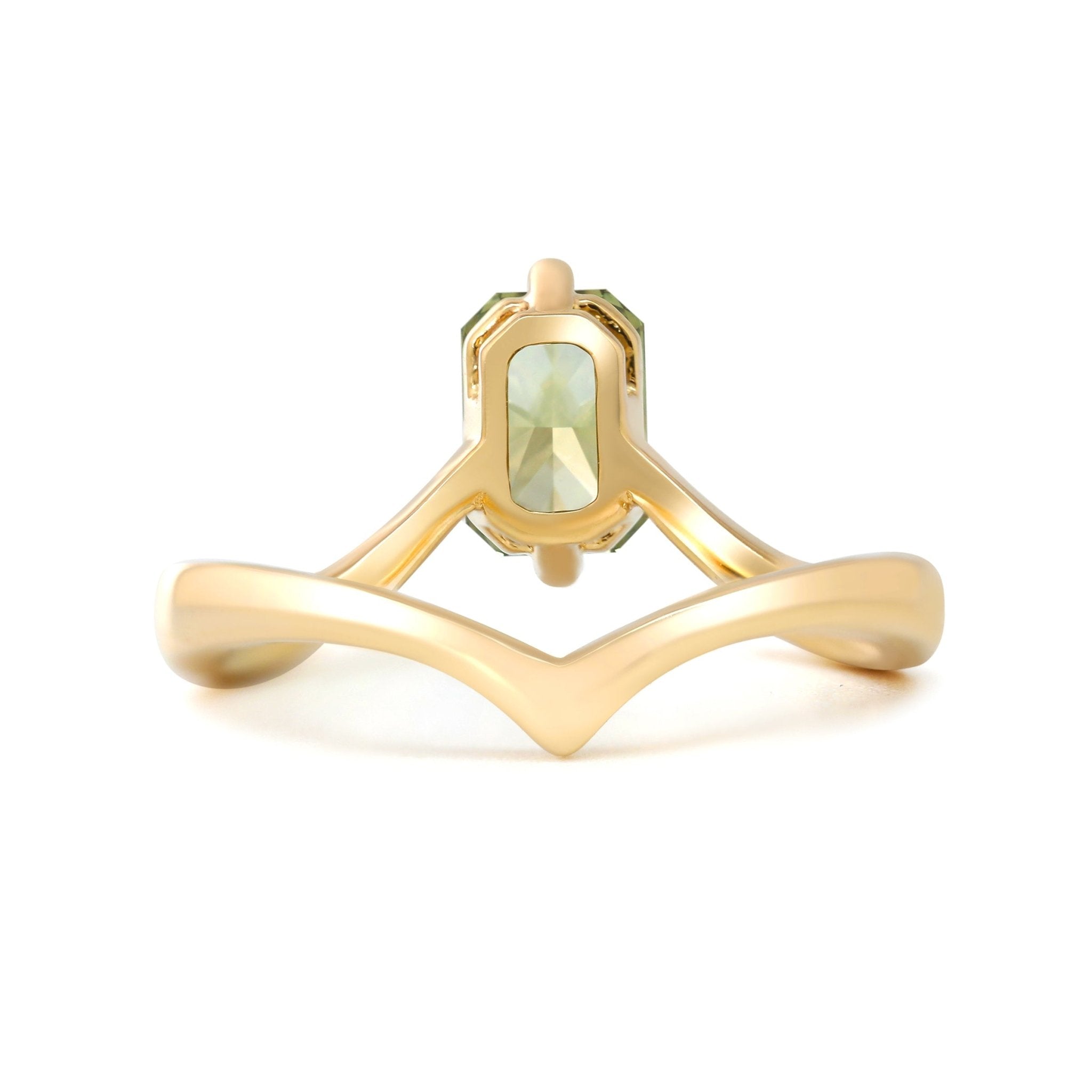 14K Yellow Gold Radiant Cut Green Lab Diamond Sylvan Crown Ring with a Hidden Round Diamond - MMR
