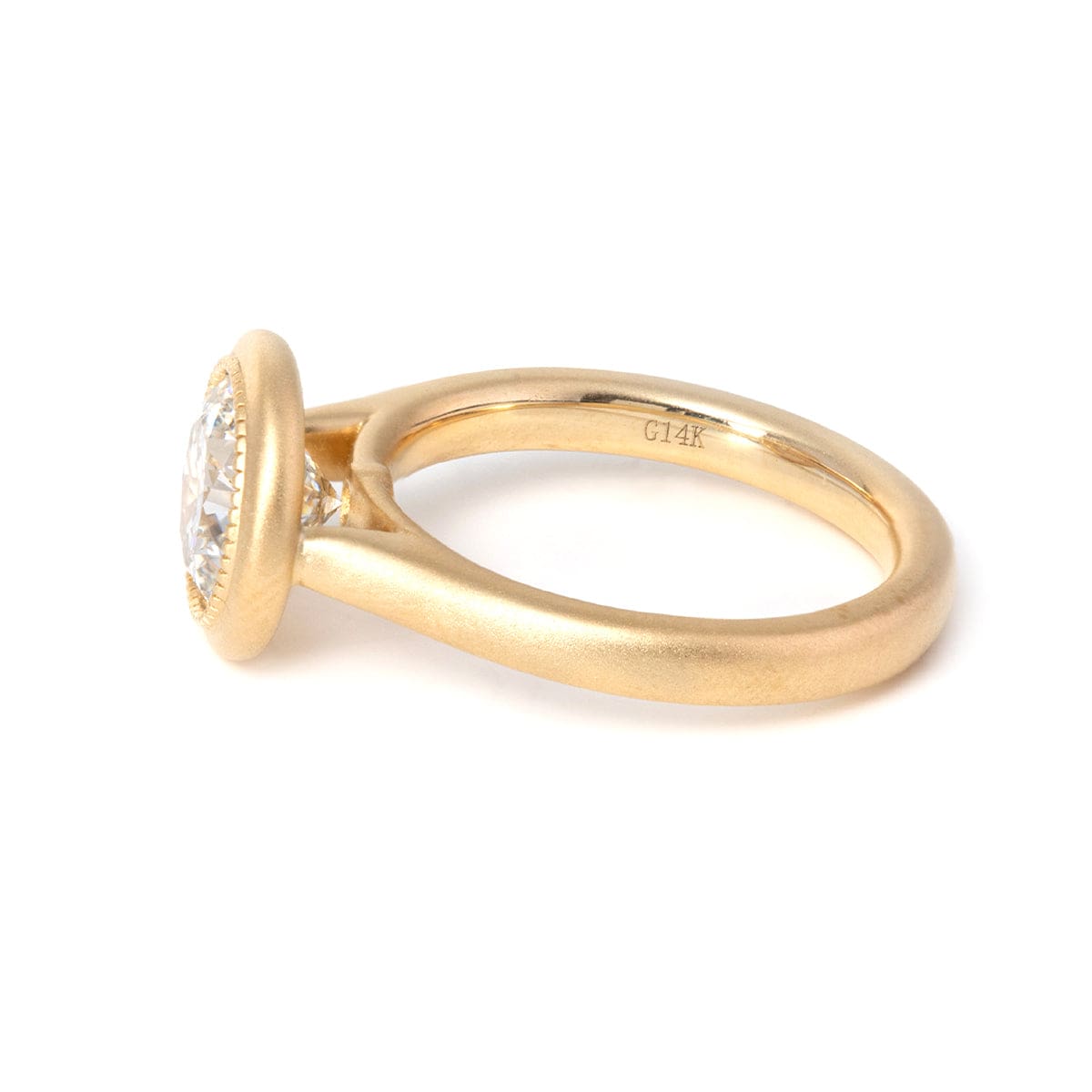 14k Yellow Gold Round Lab Diamond Bezel Matte Bridal Set Rings (Ring Setting Only)