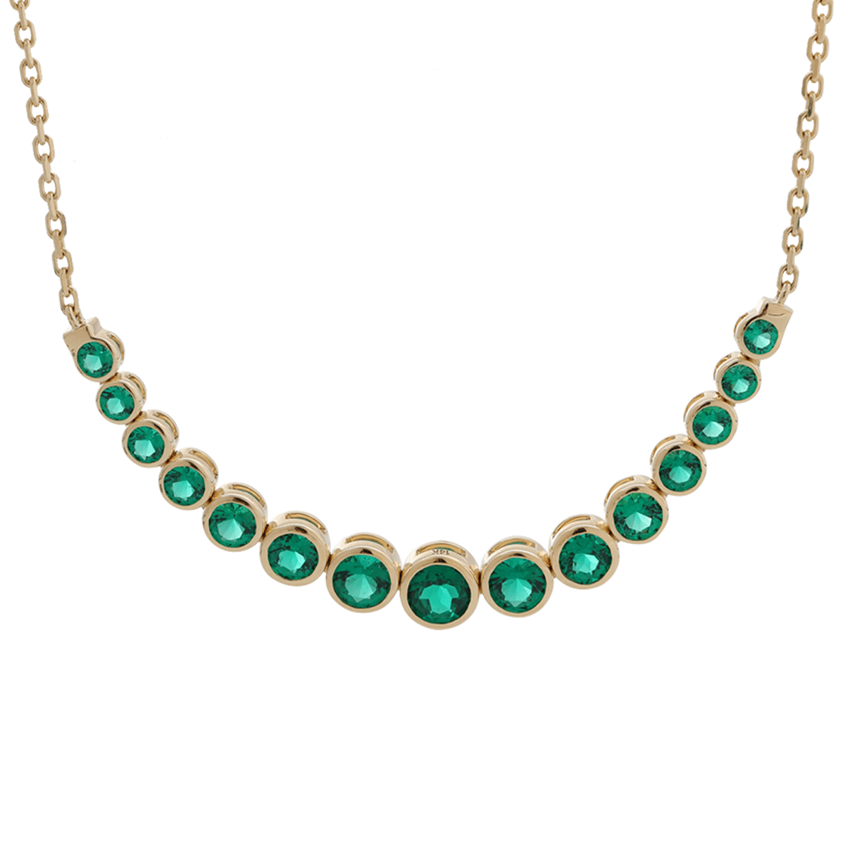 14K Yellow Gold Round Lab Columbian Emerald Bezel Smile Pendant Necklace - MMR