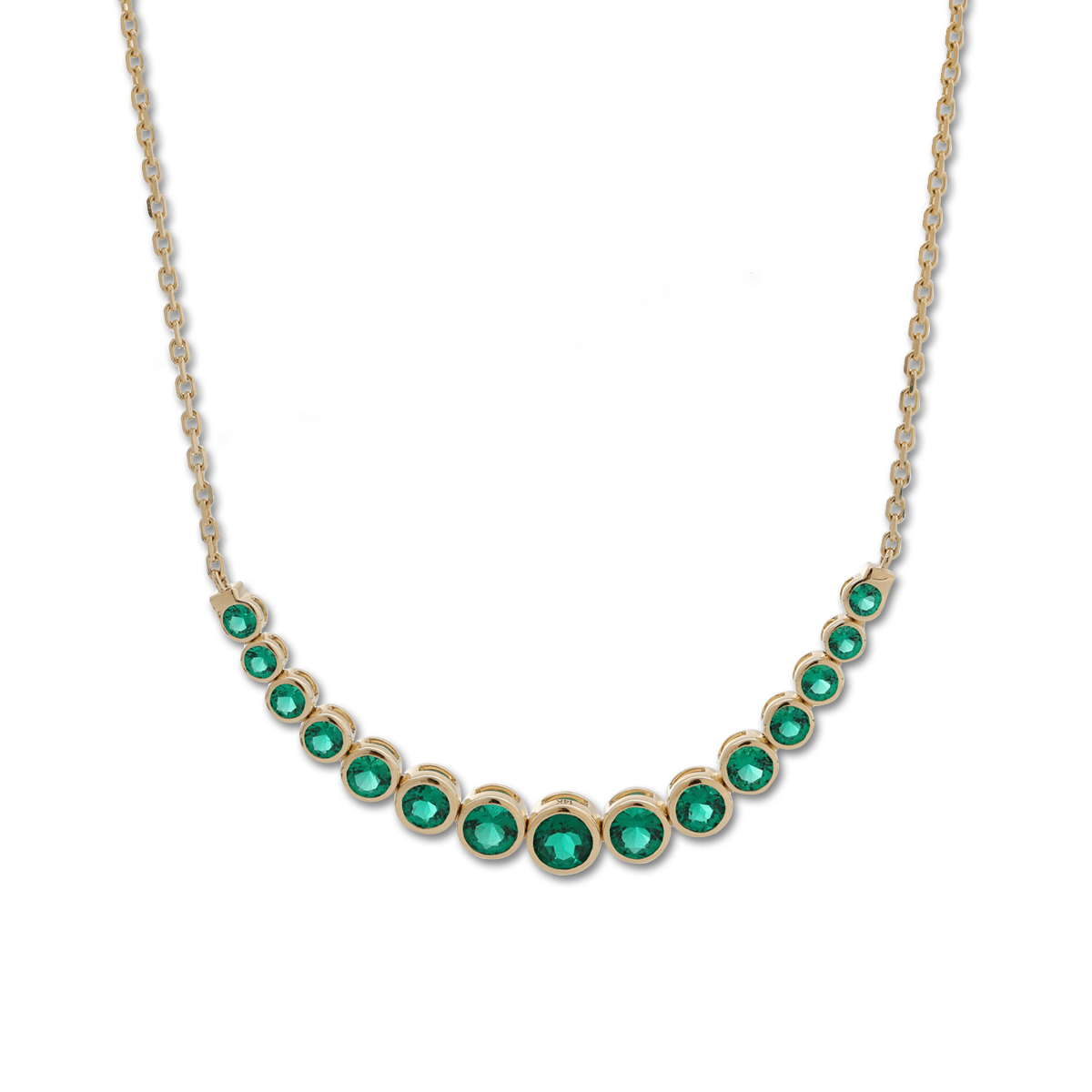 14K Yellow Gold Round Lab Columbian Emerald Bezel Smile Pendant Necklace - MMR