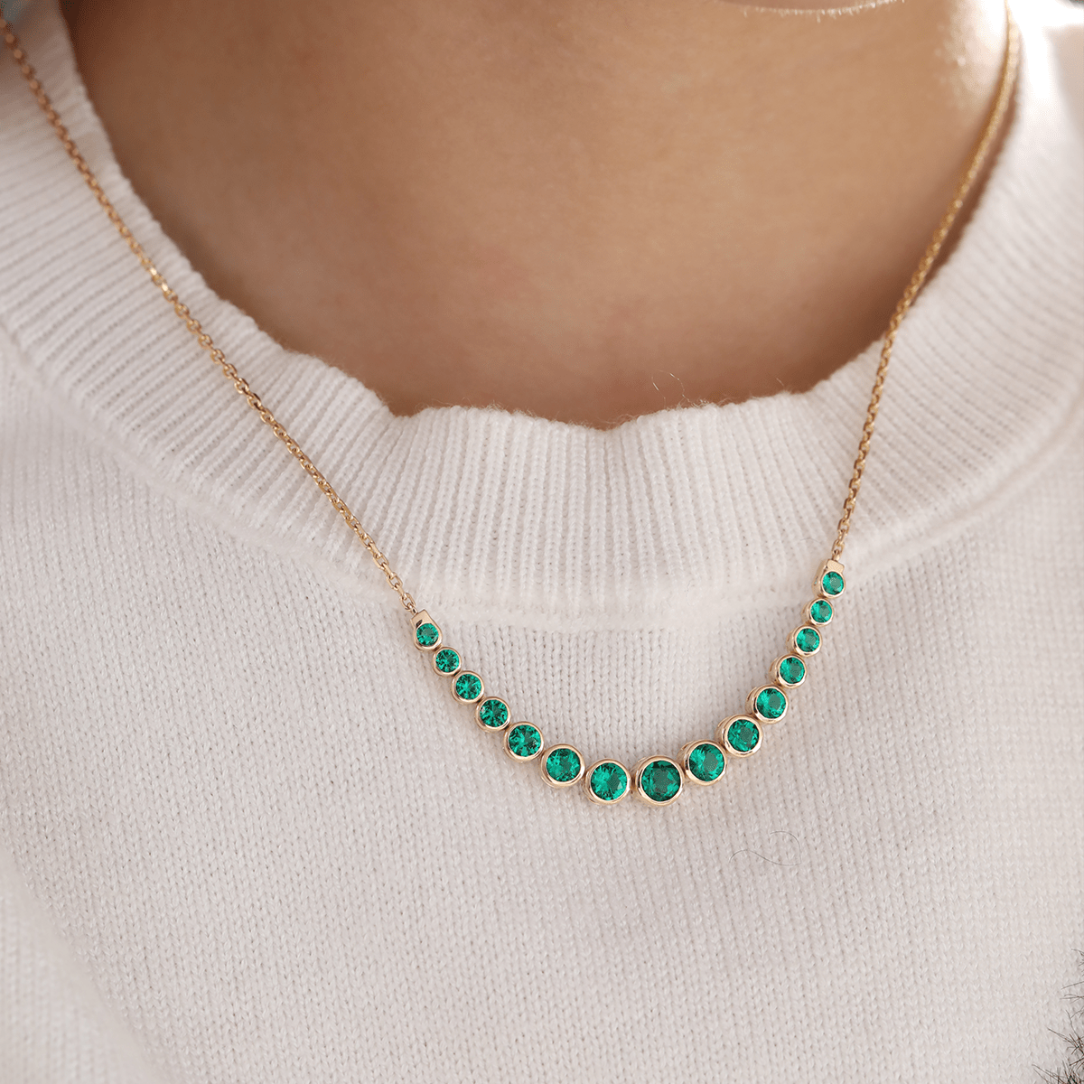 14K Yellow Gold Round Lab Columbian Emerald Bezel Smile Pendant Necklace - MMR