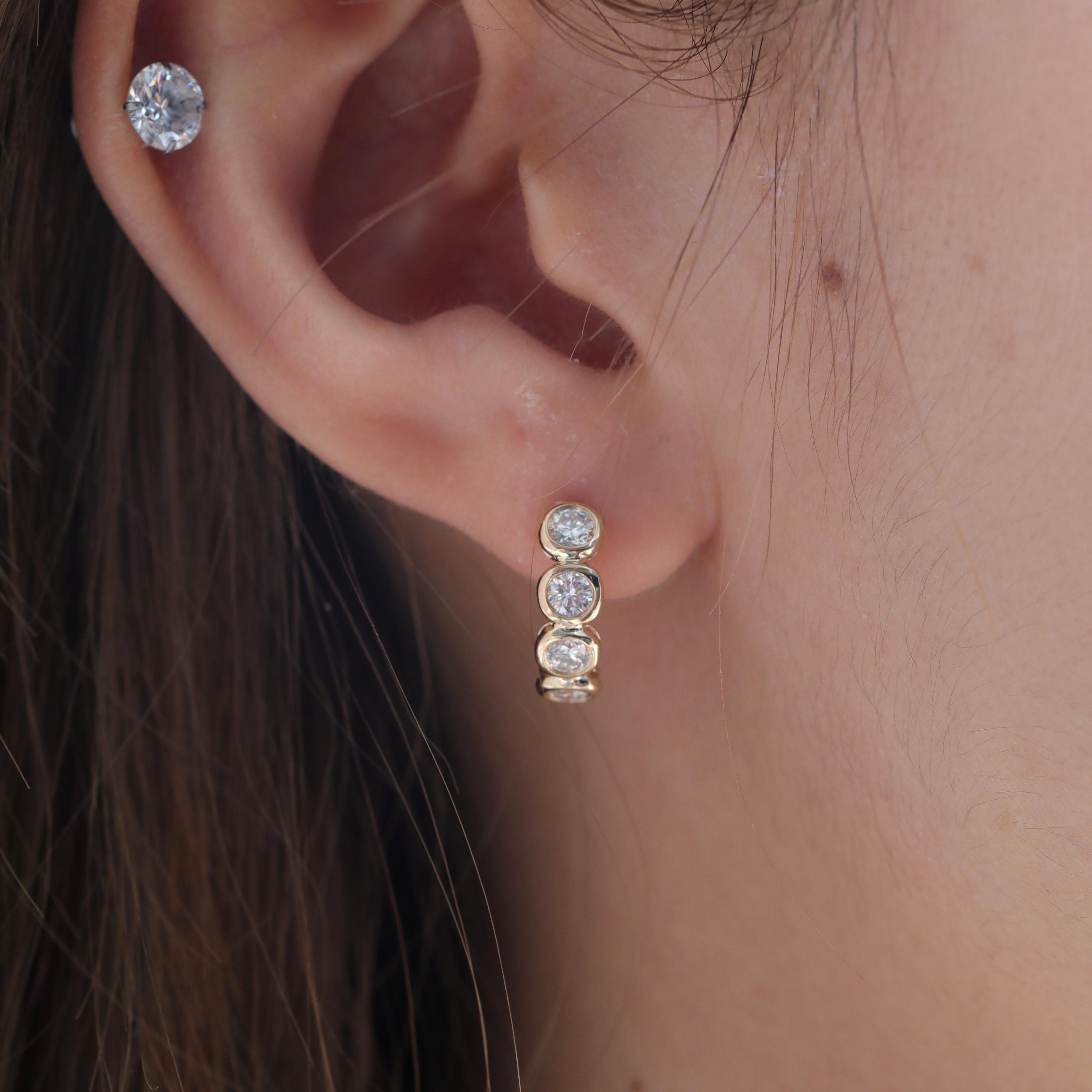 14K Yellow Gold Round Lab Diamond Bezel 4 Stone Huggie Earrings - MMR