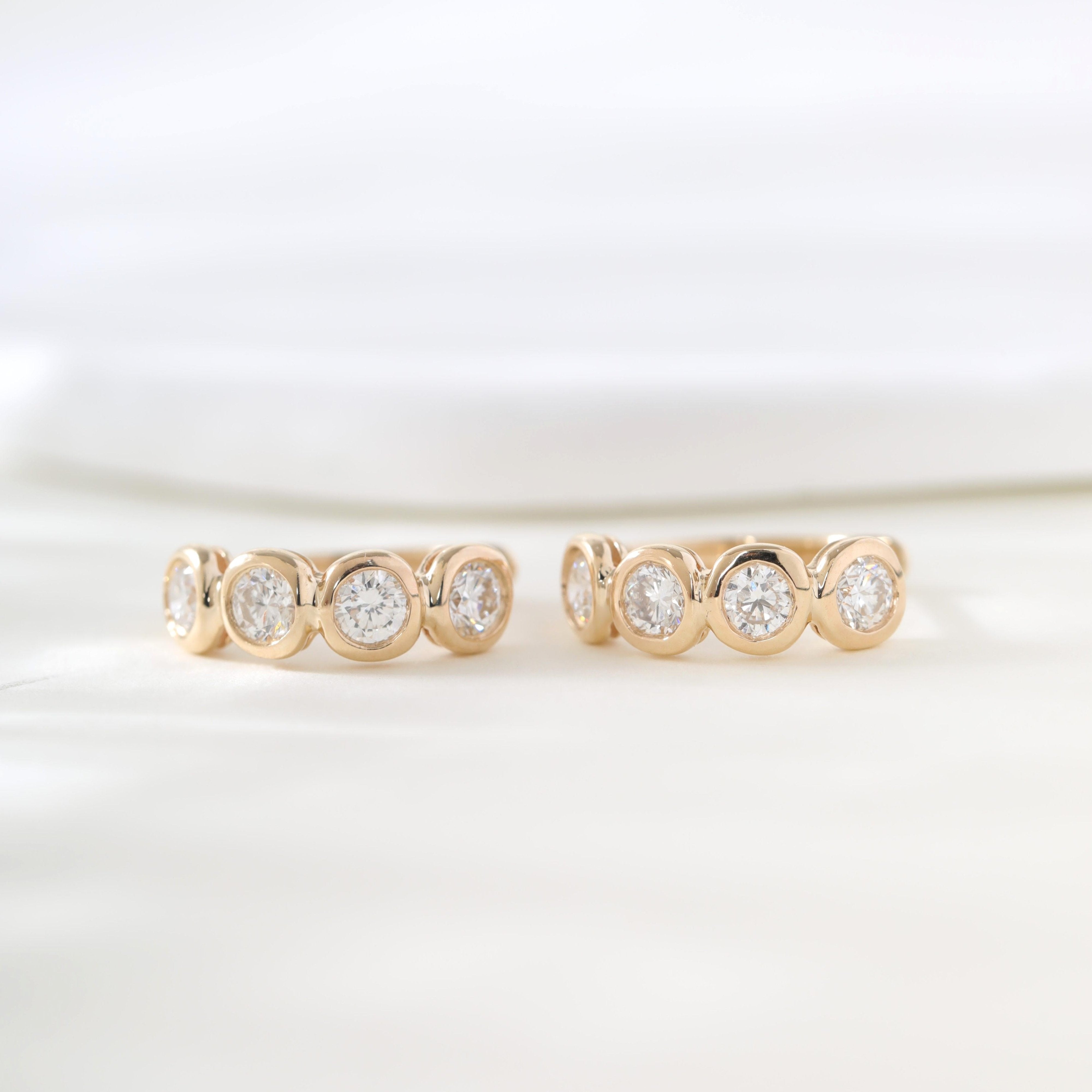 14K Yellow Gold Round Lab Diamond Bezel 4 Stone Huggie Earrings - MMR