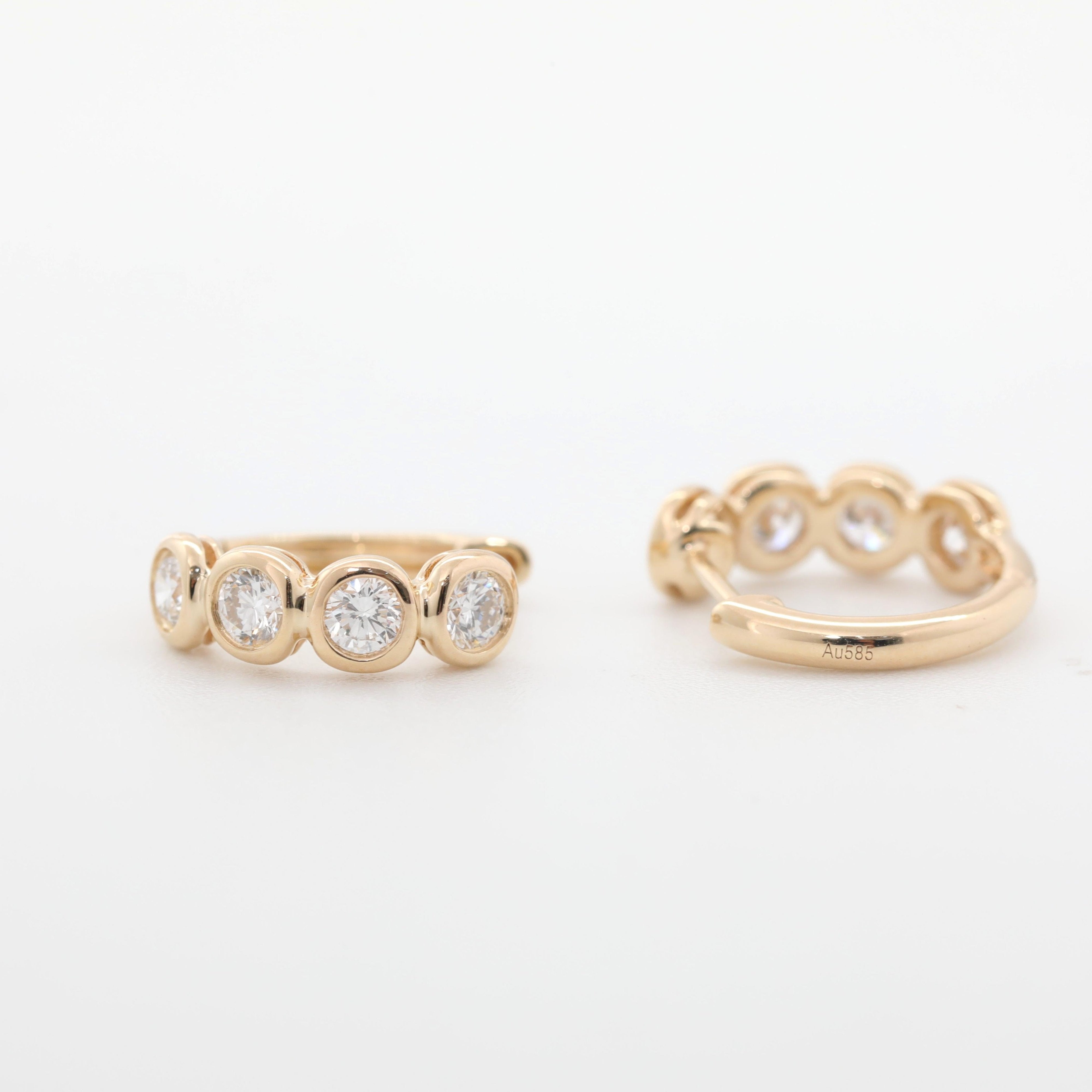 14K Yellow Gold Round Lab Diamond Bezel 4 Stone Huggie Earrings - MMR