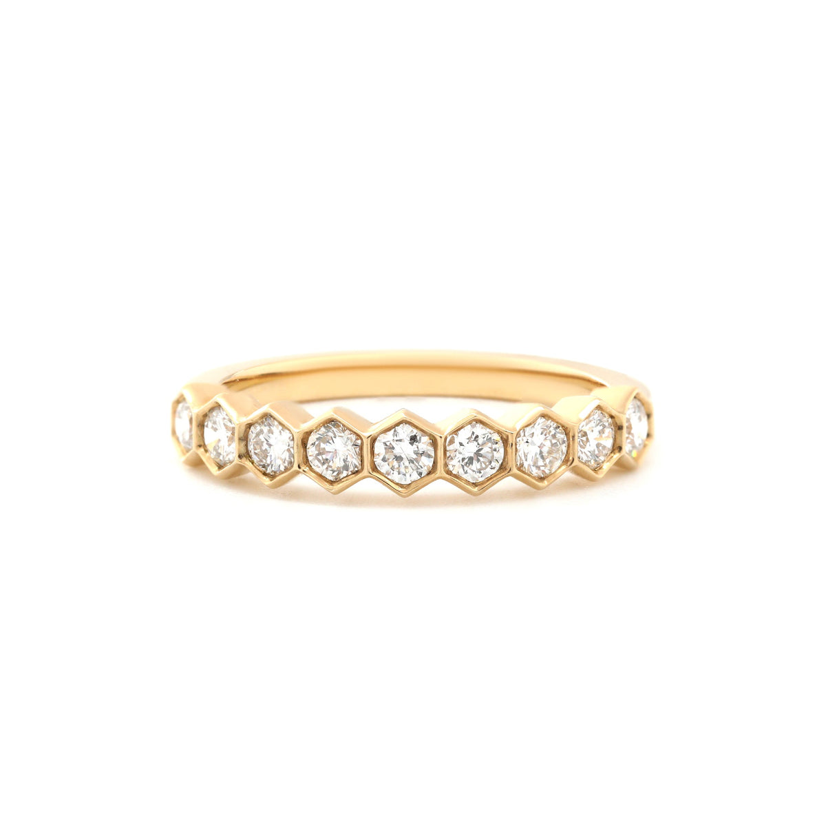 14K Yellow Gold Round Lab Diamond Hexagonal Bezel 9 Stone Ring - MMR