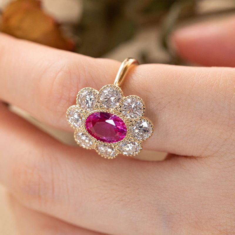 14K Yellow Gold Ruby & Diamond Flower Ring