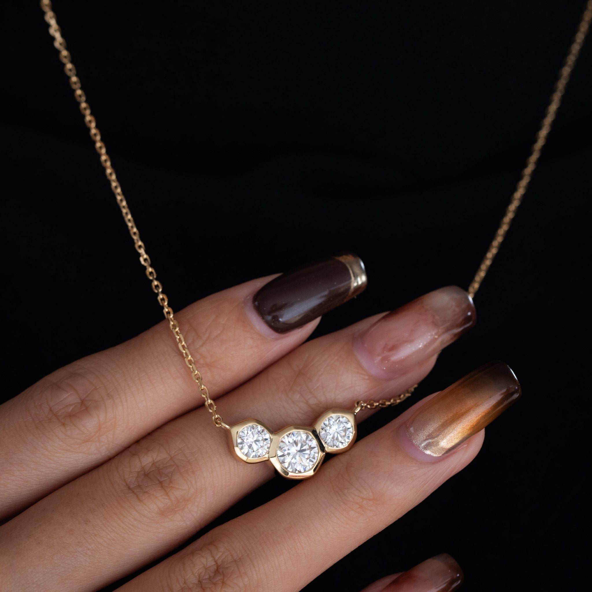 14K Yellow Gold Three - stone Round Brilliant Cut Bezel Set Design Pendant Necklace (40+5cm) - MMR