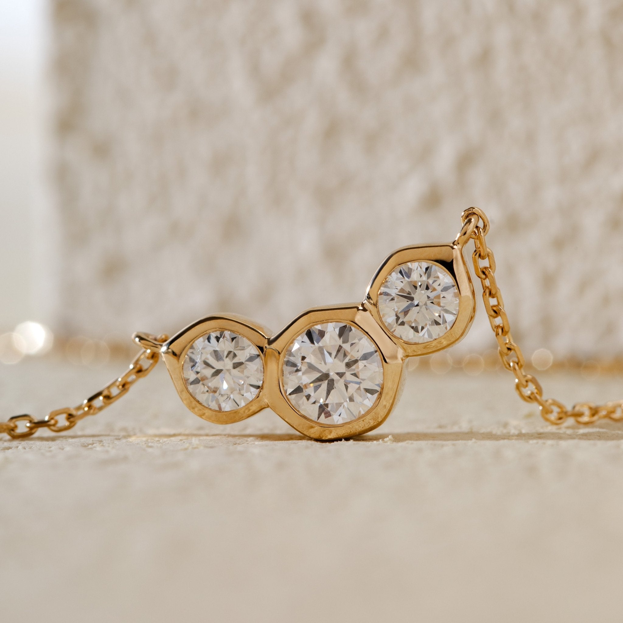 14K Yellow Gold Three - stone Round Brilliant Cut Bezel Set Design Pendant Necklace (40+5cm) - MMR
