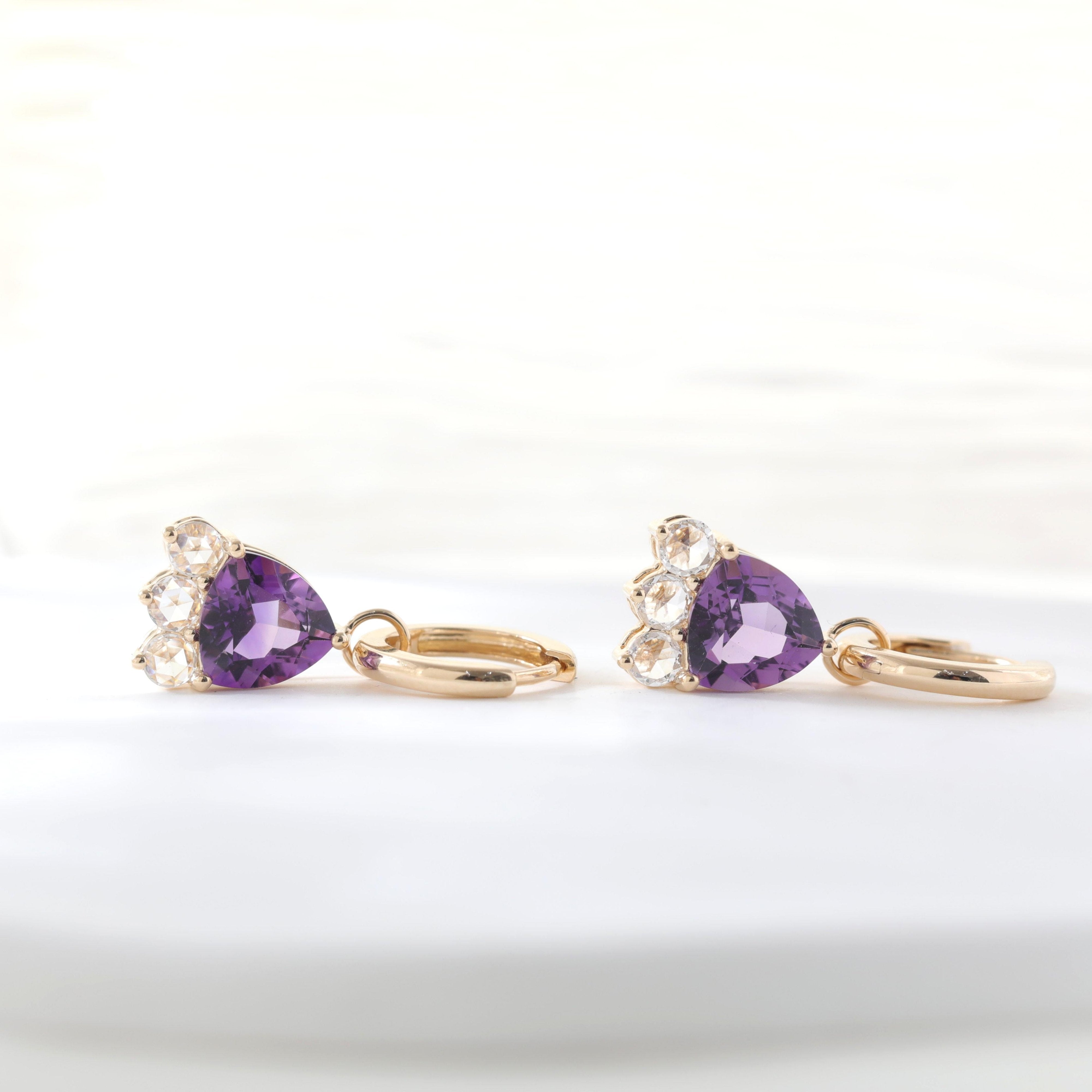 14K Yellow Gold Trillion Cut Amethyst and Rose Cut Lab Diamond Drop Earrings - MMR