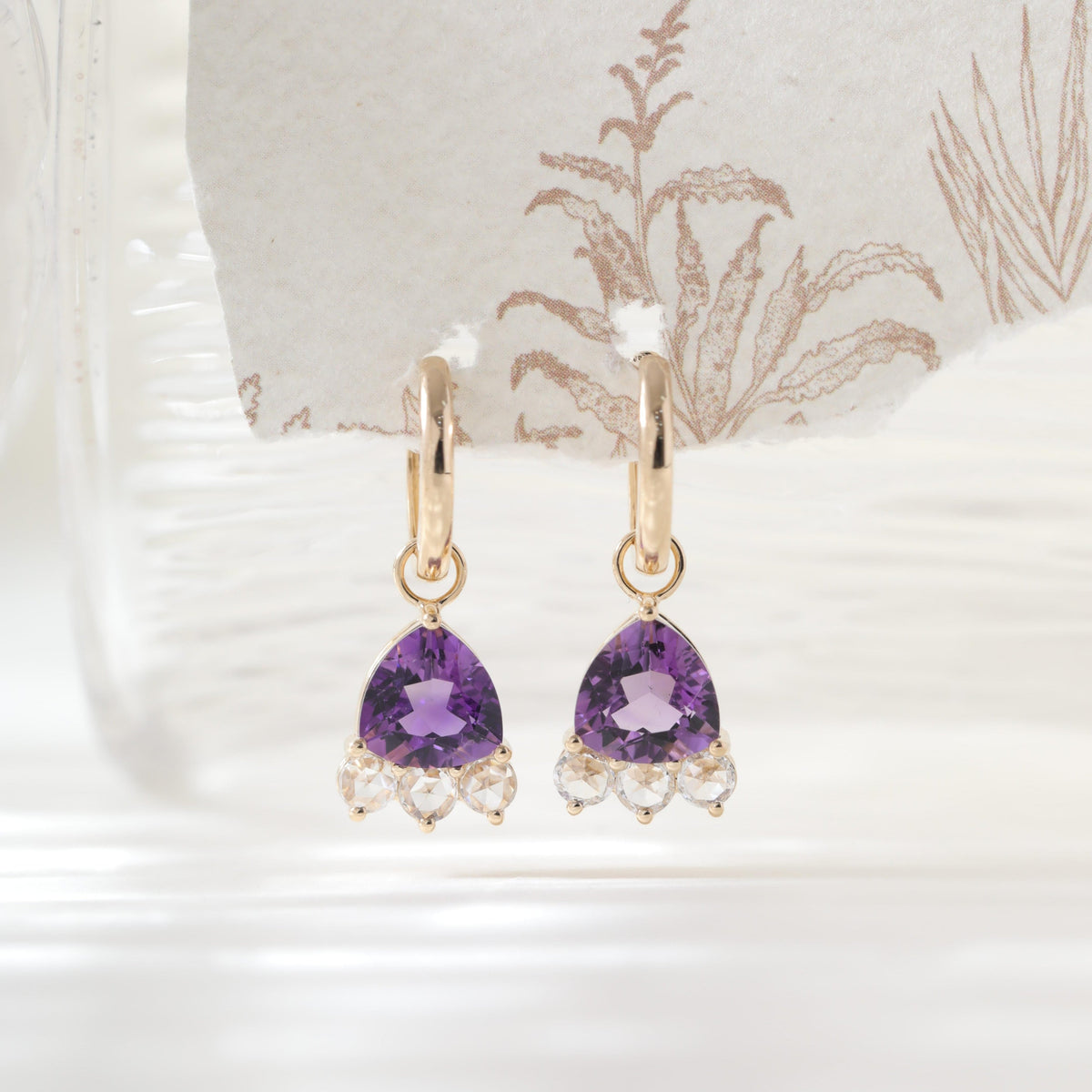 14K Yellow Gold Trillion Cut Amethyst and Rose Cut Lab Diamond Drop Earrings - MMR