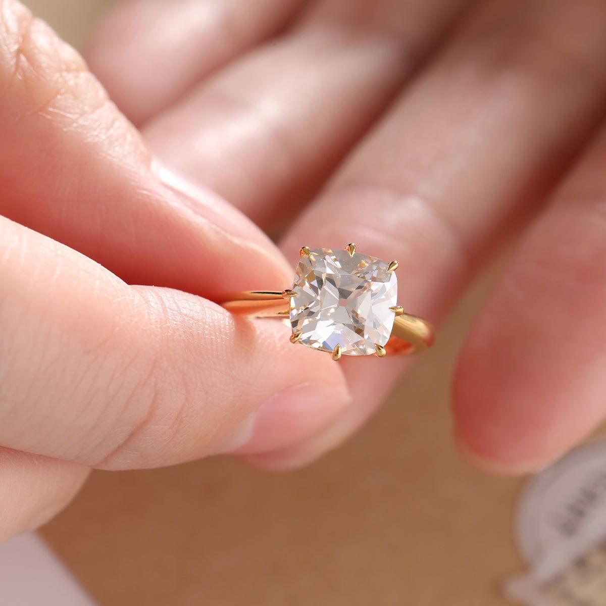 14k Yellow Gold 2.5ct Old Mine Cut Cushion Lab Diamond 8 Prongs Basket Solitaire Ring