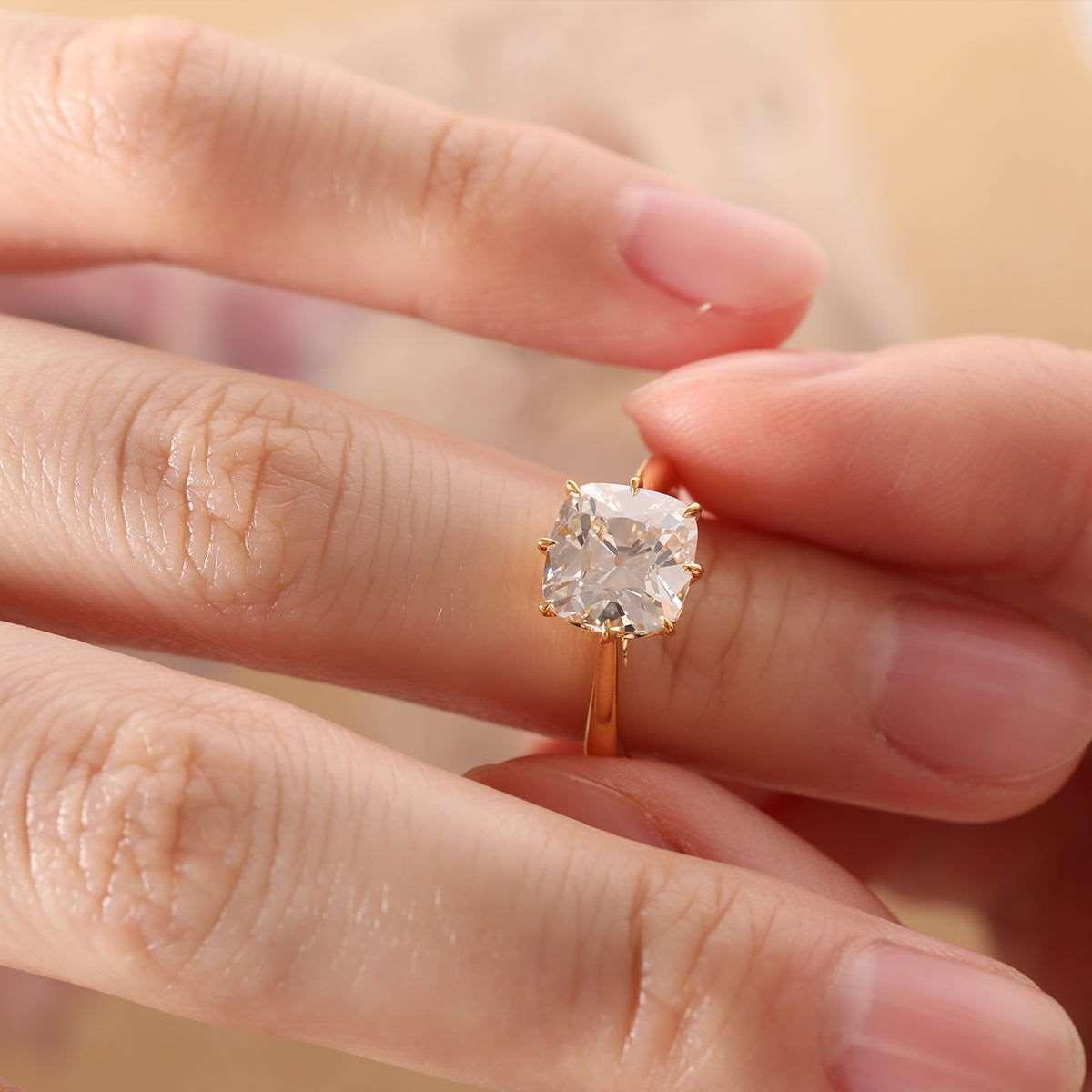 14k Yellow Gold 2.5ct Old Mine Cut Cushion Lab Diamond 8 Prongs Basket Solitaire Ring