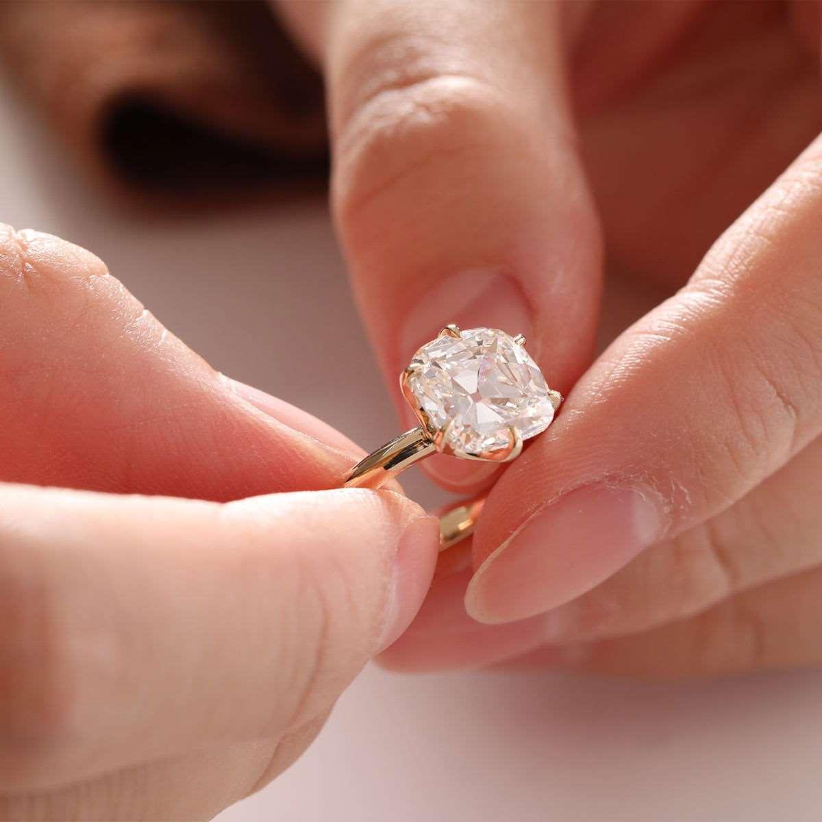 14K Yellow Gold 3ct Old Mine Cut Cushion Diamond Hidden Basket Ring with 6 Prongs Floral Vintage Solitaire Design